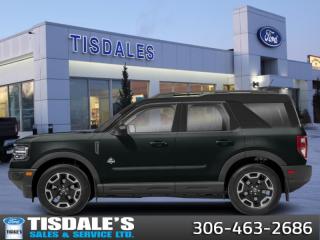 <b>Leather Seats,  Heated Seats, Sunroof, Ford Co-Pilot360, 4G WiFi!</b><br> <br> <br> <br>Check out the large selection of new Fords at Tisdales today!<br> <br>  This 2023 Ford Bronco Sport is no rip-off of its bigger brother; its an off road-capable and versatile compact SUV. <br> <br>A compact footprint, an iconic name, and modern luxury come together to make this Bronco Sport an instant classic. Whether your next adventure takes you deep into the rugged wilds, or into the rough and rumble city, this Bronco Sport is exactly what you need. With enough cargo space for all of your gear, the capability to get you anywhere, and a manageable footprint, theres nothing quite like this Ford Bronco Sport.<br> <br> This shadow black SUV  has an automatic transmission and is powered by a  181HP 1.5L 3 Cylinder Engine.<br> <br> Our Bronco Sports trim level is Outer Banks. Ready for the great outdoors, this Bronco Outer Banks features heated leather seats with feature power lumbar adjustment, a heated leather-wrapped steering wheel, SiriusXM streaming radio and exclusive aluminum wheels. Also standard include voice-activated automatic air conditioning, an 8-inch SYNC 3 powered infotainment screen with Apple CarPlay and Android Auto, smart charging USB type-A and type-C ports, 4G LTE mobile hotspot internet access, proximity keyless entry with remote start, and a robust terrain management system that features the trademark Go Over All Terrain (G.O.A.T.) driving modes. Additional features include Ford Co-Pilot360 with blind spot detection, rear cross traffic alert and pre-collision assist with automatic emergency braking, lane keeping assist, lane departure warning, forward collision alert, driver monitoring alert, a rear view camera, 3 12-volt DC and a 120-volt AC power outlets, and so much more. This vehicle has been upgraded with the following features: Leather Seats,  Heated Seats, Sunroof, Ford Co-pilot360, 4g Wifi. <br><br> View the original window sticker for this vehicle with this url <b><a href=http://www.windowsticker.forddirect.com/windowsticker.pdf?vin=3FMCR9C67PRD63005 target=_blank>http://www.windowsticker.forddirect.com/windowsticker.pdf?vin=3FMCR9C67PRD63005</a></b>.<br> <br>To apply right now for financing use this link : <a href=http://www.tisdales.com/shopping-tools/apply-for-credit.html target=_blank>http://www.tisdales.com/shopping-tools/apply-for-credit.html</a><br><br> <br/> Total  cash rebate of $5500 is reflected in the price. Credit includes $5,500 Delivery Allowance.  7.99% financing for 84 months. <br> Buy this vehicle now for the lowest bi-weekly payment of <b>$319.79</b> with $0 down for 84 months @ 7.99% APR O.A.C. ( Plus applicable taxes -  $699 administration fee included in sale price.   ).  Incentives expire 2024-04-30.  See dealer for details. <br> <br>Tisdales is not your standard dealership. Sales consultants are available to discuss what vehicle would best suit the customer and their lifestyle, and if a certain vehicle isnt readily available on the lot, one will be brought in.<br> Come by and check out our fleet of 20+ used cars and trucks and 80+ new cars and trucks for sale in Kindersley.  o~o