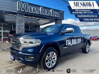 This RAM 1500 LIMITED LONGHORN, with a 5.7L HEMI V-8 engine engine, features a 8-speed automatic transmission, and generates 22 highway/17 city L/100km. Find this vehicle with only 30 kilometers!  RAM 1500 LIMITED LONGHORN Options: This RAM 1500 LIMITED LONGHORN offers a multitude of options. Technology options include: 2 LCD Monitors In The Front, AM/FM/HD/Satellite w/Seek-Scan, Clock, Speed Compensated Volume Control, Aux Audio Input Jack, Steering Wheel Controls, Voice Activation, Radio Data System and External Memory Control, Radio: Uconnect 5 Nav w/12.0 Display, Voice Recorder, 2 LCD Monitors In The Front.  Safety options include Rain Detecting Variable Intermittent Wipers, Tailgate/Rear Door Lock Included w/Power Door Locks, 2 LCD Monitors In The Front, Power Door Locks w/Autolock Feature, Airbag Occupancy Sensor.  Visit Us: Find this RAM 1500 LIMITED LONGHORN at Muskoka Chrysler today. We are conveniently located at 380 Ecclestone Dr Bracebridge ON P1L1R1. Muskoka Chrysler has been serving our local community for over 40 years. We take pride in giving back to the community while providing the best customer service. We appreciate each and opportunity we have to serve you, not as a customer but as a friend