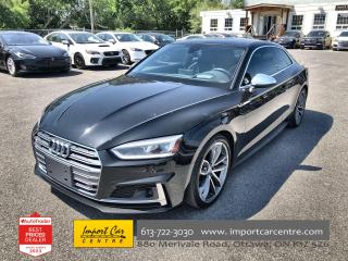 *** 2023 AUTOTRADER BEST PRICED DEALER AWARD 2023 * CARGURUS TOP RATED DEALER 2023 * ACCIDENT FREE * ONE OWNER * SMETANA APPROVED ***  In stock and ready for immediate delivery!!  In our humble opinion, the Audi S5 has one of the nicest lines in a coupe found on the roadways!!  Finished in Brilliant Black with gorgeous matching Black Fine Nappa leather with Rock Gray diamond stitching, 354 horses with 369 foot pounds of torque, 19 alloy wheels, Bang and Olufsen sound system navigation, Audi virtual cockpit, 2 stage drivers seat memory, 360 camera, backup camera, paddle shifters, sport seats, sport steering wheel, carbon atlas trim, Audi side assist, Audi drive select, start/stop, traction control, park distance control, heated seats, adaptive cruise control, push start button, proximity key, power folding mirrors, panoramic roof, heads up display,  speed warning, parking aid, distance warning, traffic jam assist, efficiency assist, Audi Pre Sense, Audi Active Lane Assist, rain sensors all compliment this stunning 2018 Audi S5 Technik with Advanced Drivers Assistance package.  Perfection and beyond!!

Home of the Platinum up to 240,000kms warranty and financing is always available O.A.C Import Car Centre, proudly serving the Ottawa and surrounding area for over 42 years. Come down and experience Import Car Centre for yourself and see just why our customers are so happy! 

 #importcarcentre #smetanaapproved #iccs