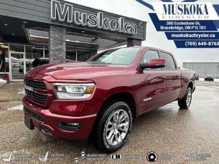 This RAM 1500 Laramie, with a 5.7L HEMI V-8 engine engine, features a 8-speed automatic transmission, and generates 22 highway/17 city L/100km. Find this vehicle with only 26 kilometers!  RAM 1500 Laramie Options: This RAM 1500 Laramie offers a multitude of options. Technology options include: 2 LCD Monitors In The Front, AM/FM/HD/Satellite w/Seek-Scan, Clock, Speed Compensated Volume Control, Aux Audio Input Jack, Steering Wheel Controls, Voice Activation, Radio Data System and External Memory Control, Disassociated Touchscreen Display, GPS Antenna Input, GPS Navigation.  Safety options include Tailgate/Rear Door Lock Included w/Power Door Locks, Variable Intermittent Wipers, 2 LCD Monitors In The Front, Power Door Locks w/Autolock Feature, Airbag Occupancy Sensor.  Visit Us: Find this RAM 1500 Laramie at Muskoka Chrysler today. We are conveniently located at 380 Ecclestone Dr Bracebridge ON P1L1R1. Muskoka Chrysler has been serving our local community for over 40 years. We take pride in giving back to the community while providing the best customer service. We appreciate each and opportunity we have to serve you, not as a customer but as a friend