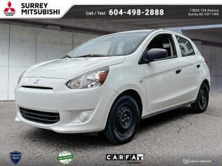 Dealer # 40045<div autocomment=true>Dare to compare! Outstanding design defines the 2015 Mitsubishi Mirage! <br /><br /> Packed with features and truly a pleasure to drive! This 4 door, 5 passenger hatchback just recently passed the 50,000 kilometer mark! Mitsubishi prioritized practicality, efficiency, and style by including: 1-touch window functionality, tilt steering wheel, and a split folding rear seat. It features a continuously variable transmission, front-wheel drive, and an efficient 3 cylinder engine. <br /><br /> We pride ourselves on providing excellent customer service. Please dont hesitate to give us a call. <br /><br /></div>At Surrey Mitsubishi all vehicles are inspected by factory trained technicians, professionally detailed, and come with Carfax report and lien report.Shop with confidence at Surrey Mitsubishi and see why we are greater Vancouvers number one car superstore! We take all trades and offer financing for everyone!  All prices are plus $695 prep fee, $159 wheel lock fee, $395 doc fee, $1495 finance fee or $695 Cash Admin Fee . All credit is cod. See Dealer for details.