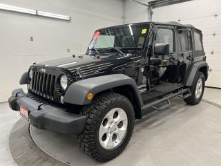 6-SPEED MANUAL!! UNLIMITED 4DR W/ AIR CONDITIONING, 18-IN ALLOYS, RUNNING BOARDS AND TOW PACKAGE W/ 3.73 REAR AXLE RATIO!! Leather-wrapped steering, cruise control and AM/FM/CD player!