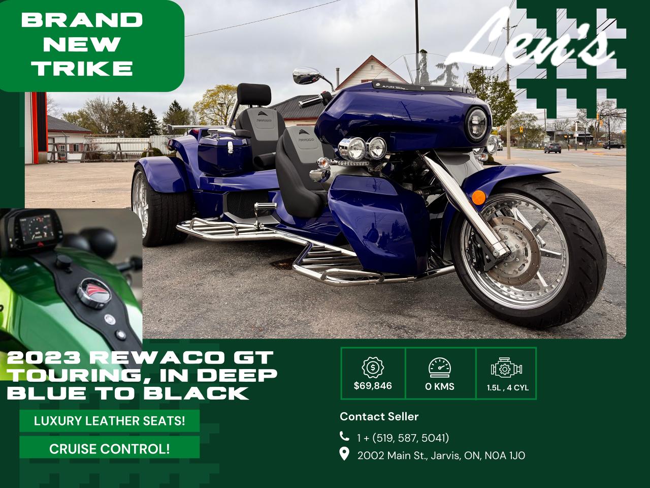 <h3 style=text-align: center;><strong><em>  <span style=text-decoration: underline;>2023 Rewaco GT Touring Trike – The Ultimate Ride Awaits!</span> </em></strong></h3><h3 style=text-align: center;><strong><em><span style=text-decoration: underline;>Brand New</span> | <span style=text-decoration: underline;>0 KMS</span> | <span style=text-decoration: underline;>Fully Loaded</span> </em></strong></h3><h3> </h3><h3 style=text-align: center;> <span style=font-size: 14pt;> Rewaco GT Touring Trike – The epitome of style, comfort, and performance, designed for those who demand the best. With a stunning Deep Blue to Black colour, with Titanium accents; this trike isn’t just a ride – it’s a statement.</span></h3><p> </p><p>Key Features:</p><p>   Cruise Control for smooth, effortless journeys.</p><p>   ABS System for superior safety on every ride.</p><p>   Heated Seats to keep you comfortable in all weather conditions.</p><p>   Ample Storage to bring everything you need, wherever you go.</p><p>    Premium Sound System with Bluetooth and USB Stick connectivity – cruise in style and let your favourite tunes fuel the ride.</p><p>This 2023 Rewaco GT Touring Trike is brand new, with zero kilometres – ready to hit the road and elevate your riding experience. Whether you’re on an adventurous road trip or cruising the city, you’ll experience unparalleled luxury and performance.</p><p>    Visit us now and make the 2023 Rewaco GT Touring Trike yours today!</p><p> </p><p style=text-align: center;><span style=text-decoration: underline;><em><strong>Ready to take your ride to the next level? Don’t wait. Get behind the wheel of the trike that has it all </strong></em></span><span style=text-decoration: underline;><em><strong>– </strong></em></span></p><p style=text-align: center;><span style=text-decoration: underline;><em><strong>the Rewaco GT Touring.</strong></em></span></p>