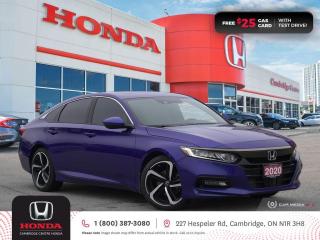 <p><strong>NEW COMPRHENSIVE WARRANTY INCLUDED & VALID TO 10/06/2027 OR 160,000 KMS! IN EXCELLENT SHAPE! TEST DRIVE TODAY! </strong>2018 Honda Accord Sport featuring CVT transmission, five passenger seating, Honda LaneWatch blind spot display camera, leather wrapped steering wheel, steering wheel mounted paddle shifters, Apple CarPlay and Android Auto connectivity, Bluetooth, multi-angle rearview camera, push button start, proximity key entry, the Honda Sensing technologies: Adaptive Cruise Control, Forward Collision Warning system, Collision Mitigation Braking system, Lane Departure Warning system, Lane Keeping Assist system and Road Departure Mitigation system, auto-on/off headlights, fog lights, ECON mode button and Eco-Assist system, steering wheel mounted controls, cruise control, brake hold, air conditioning, dual climate zones, heated seats, power and heated mirrors, power locks, remote keyless entry with trunk release, power windows, split fold rear seat, electronic stability control and anti-lock braking system. Contact Cambridge Centre Honda for special discounted finance rates, as low as 8.99%, on approved credit from Honda Financial Services.</p>

<p><span style=color:#ff0000><strong>FREE $25 GAS CARD WITH TEST DRIVE!</strong></span></p>

<p>Our philosophy is simple. We believe that buying and owning a car should be easy, enjoyable and transparent. Welcome to the Cambridge Centre Honda Family! Cambridge Centre Honda proudly serves customers from Cambridge, Kitchener, Waterloo, Brantford, Hamilton, Waterford, Brant, Woodstock, Paris, Branchton, Preston, Hespeler, Galt, Puslinch, Morriston, Roseville, Plattsville, New Hamburg, Baden, Tavistock, Stratford, Wellesley, St. Clements, St. Jacobs, Elmira, Breslau, Guelph, Fergus, Elora, Rockwood, Halton Hills, Georgetown, Milton and all across Ontario!</p>