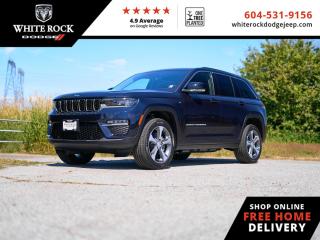 <br> <br>  This all-new Jeep Grand Cherokee 4xe provides comfy seating, and easily masters both off-road trails and daily commutes alike. <br> <br>This hybrid Jeep Grand Cherokee 4xe is second to none when it comes to efficiency, safety, and capability. Improving on its legendary design with exceptional materials and elevated craftsmanship, this Cherokee 4xe creates an unforgettable driving experience. With plenty of room for your adventure gear, enough seats for your whole family and incredible off-road capability, this 2023 Jeep Grand Cherokee 4xe has you covered! <br> <br> This midnight sky SUV  has a 8 speed automatic transmission and is powered by a  375HP 2.0L 4 Cylinder Engine.<br> <br> Our Grand Cherokee 4xes trim level is Base. Kickstart your family adventures with this Cherokee 4xe, generously equipped with a punchy powertrain, power-adjustable heated seats with 4-way lumbar support, a heated synthetic leather steering wheel, proximity keyless entry with push-button start, a power liftgate, and a 10.1-inch screen infotainment screen bundled with 4G LTE Wi-Fi hotspot access, smartphone connectivity, turn-by-turn navigation, and a 10-speaker audio system. Safety on the road is assured with blind spot detection, adaptive cruise control, lane keeping assist, lane departure warning, collision mitigation, and parking sensors. Additional features include LED lights, illuminated cupholders, automatic high beams, and so much more. This vehicle has been upgraded with the following features: Hybrid,  Heated Seats,  Navigation,  Power Liftgate,  Heated Steering Wheel,  Blind Spot Detection,  Adaptive Cruise Control. <br><br> <br/>     Incentives expire 2024-04-30.  See dealer for details. <br> <br>New Vehicle purchases at White Rock Dodge ( DL# 40754) are subject to Fees Totaling $899 Documentation (Government Levies - as per FCA Canada) plus $500 finance placement fee and All Applicable Taxes. <br><br>Our history of continued excellence is backed by putting your interests at the forefront to help you find the vehicle you need. Were conveniently located at 3050 King George Blvd in Surrey. Our team of automotive experts look forward to meeting and serving you! DL# 40754 o~o