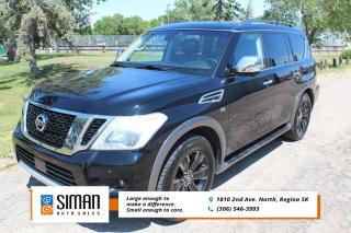 <p><strong>SASKATCHEWAN VEHICLE COLLISION FREE </strong></p>

<p>Our Nissan Armada Platinum Edition has been through a <strong>presale inspection fresh full synthetic oil service. New air Filters, NEW Tires all around, Carfax reports Collision Free Saskatchewan vehicle. Bank Financing Available on site, Trades Encouraged. Aftermarket warranties available to fit every need and budget.</strong> After a one-year hiatus, the Nissan Armada is back for 2017. Fully redesigned, it boasts a higher quality interior, a more powerful V8 engine and a new, more chiseled look for its exterior styling. Even as crossovers become the go-to choice for families across the country, a bigger, more capable SUV such as the 2017 Nissan Armada still holds a lot of appeal. If you need to tow something sizable (or with greater ease) while also hauling about people and their stuff, an old-school SUV is still the best way to go. Plus, the Armadas substantial ground clearance is bound to come in handy as well if wherever youre going requires bouncing over a few rocks. The previous-generation Armada was related to Nissans Titan pickup, but this years Armada now shares its bones with the Infiniti QX80, which is actually called the Nissan Patrol in other global markets. Nissan says the new Armadas body-on-frame architecture is stiffer and more rugged, and it comes with a new 390-horsepower V8 engine. However, its really inside where the completely redesigned 2017 Armada displays its greatest advantage over the competition. Essentially, heres your chance to get an Infiniti at Nissan prices. Inside, a high-quality cabin is standard, and you dont have to load it up with equipment to make it seem more luxurious than the competition. The Armada specifically stacks up well to the segments best-sellers, the Chevrolet Tahoe and GMC Yukon twins. It has more refined road manners, greater off-road capability, and a more usable third-row seat and cargo area. Standard safety features includes antilock brakes, traction and stability control, front side airbags, full-length side curtain airbags, and a rearview camera. A blind-spot monitoring system, forward collision warning, and automatic emergency braking for both frontal and rear collisions are standard on the Platinum. The Platinum also comes standard with blind-spot intervention and lane departure warning and intervention systems that can steer you out of harms way should you fail to heed their warnings. Driver package items plus 20-inch wheels, front and rear parking sensors, auto-dimming heated mirrors, remote engine start, automatic wipers, driver memory functions, leather upholstery, a power-adjustable steering wheel and an enhanced 360-degree top-down parking camera with moving object detection/warning. sunroof and the Technology package, which includes adaptive cruise control, forward and rearward emergency automatic braking, and a blind-spot monitoring system. The range-topping Platinum comes standard with the SLs optional equipment and adds different 20-inch wheels, heated and ventilated front seats, heated second-row seats, a heated steering wheel, leather door trim, a blind-spot intervention system, and a rear-seat entertainment system that include two 7-inch headrest-mounted displays, a DVD player and two USB ports. The Platniums optional second-row captains chairs include a center console. powered by a 5.6-liter V8 engine that produces 390 horsepower and 394 pound-feet of torque. A seven-speed automatic transmission is paired to a four-wheel-drive system with low range. A limited-slip differential, hill start assist and a tow mode function are also standard.</p>

<p><span style=color:#2980b9><strong>Siman Auto Sales is large enough to make a difference but small enough to care. We are family owned and operated, and have been proudly serving Saskatchewan car buyers since 1998. We offer on site financing, consignment, automotive repair and over 90 preowned vehicles to choose from.</strong></span></p>