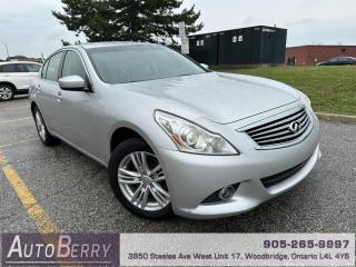 <p><span><strong>2012 Infiniti G25x Sedan AWD Silver on Black Leather Interior</strong></span></p><p><span></span><span> </span>2.5L <span></span><span> </span>V6 <span><span></span><span> </span>All Wheel Drive <span></span><span> </span>Auto <span></span><span> </span>A/C <span></span><span> </span>Dual-Zone Automatic Climate Control <span></span><span> </span>Leather Interior <span></span><span> </span>Power Front Seats <span></span><span> </span>Heated Front Seats <span></span><span> </span>Memory Seats </span><span></span> <span>Power Options <span></span><span> </span>Steering Wheel Mounted Controls <span> </span></span><span><span> </span>Bluetooth</span><span> </span><span><span></span><span> </span>Backup Camera </span><span><span></span><span> </span>Parking Sensors </span><span></span> <span>Keyless Entry </span><span><span></span><span> </span>Push Start Button </span><span></span><span> Alloy Wheels <span></span></span></p><p><br></p><p><strong>*** ACCIDENT FREE *** CLEAN CARFAX *** </strong></p><p><strong>*** Fully Certified ***</strong></p><p><span><strong>*** ONLY 181,257 KM ***<span id=jodit-selection_marker_1713893073608_10121423354576242 data-jodit-selection_marker=start style=line-height: 0; display: none;></span></strong></span></p> <span id=jodit-selection_marker_1689009751050_8404320760089252 data-jodit-selection_marker=start style=line-height: 0; display: none;></span>