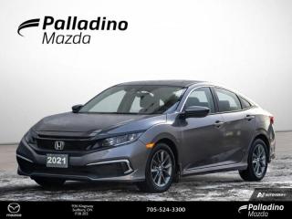 <b>Sunroof,  Remote Start,  Heated Seats,  Apple CarPlay,  Android Auto!<br> <br></b><br>     The confident styling and impressive performance of this 2021 Honda Civic solidifies its sports car inspired evolution. This  2021 Honda Civic Sedan is for sale today in Sudbury. <br> <br>With harmonious power, excellent handling capability, plus its engaging driving dynamic, this 2021 Honda Civic is a highly compelling choice in the eco-friendly compact car segment. Regardless of your style preference or driving habits, this impressive Honda Civic will perfectly suit your wants and needs. The Civic offers the right amount of cargo space, an aggressive exterior design with sporty and sleek body lines, plus a comfortable and ergonomic interior layout that works well with all family sizes. This Civic easily makes a bold statement without saying a word! This  sedan has 63,025 kms. Its  gray in colour  . It has an automatic transmission and is powered by a  2.0L I4 16V MPFI DOHC engine.  This unit has some remaining factory warranty for added peace of mind. <br> <br> Our Civic Sedans trim level is EX. This EX Civic adds a power moonroof, proximity key, aluminum wheels, blind spot display, and remote start to the LX features like collision mitigation with forward collision warning, lane keep assist with road departure mitigation, adaptive cruise control, straight driving assist for slopes, and automatic highbeams you normally only expect with a higher price. The interior is as comfy and advanced as you need with heated front seats, remote start, Apple CarPlay, Android Auto, Bluetooth, Siri EyesFree, WiFi tethering, steering wheel with cruise and audio controls, multi-angle rearview camera, 7 inch driver information display, and automatic climate control. The exterior has some great style with a refreshed grille, independent suspension, heated power side mirrors, and LED taillamps.<br> This vehicle has been upgraded with the following features: Sunroof,  Remote Start,  Heated Seats,  Apple Carplay,  Android Auto,  Lane Keep Assist,  Collision Mitigation. <br> <br>To apply right now for financing use this link : <a href=https://www.palladinomazda.ca/finance/ target=_blank>https://www.palladinomazda.ca/finance/</a><br><br> <br/><br>Palladino Mazda in Sudbury Ontario is your ultimate resource for new Mazda vehicles and used Mazda vehicles. We not only offer our clients a large selection of top quality, affordable Mazda models, but we do so with uncompromising customer service and professionalism. We takes pride in representing one of Canadas premier automotive brands. Mazda models lead the way in terms of affordability, reliability, performance, and fuel efficiency.The advertised price is for financing purchases only. All cash purchases will be subject to an additional surcharge of $2,501.00. This advertised price also does not include taxes and licensing fees.<br> Come by and check out our fleet of 80+ used cars and trucks and 80+ new cars and trucks for sale in Sudbury.  o~o