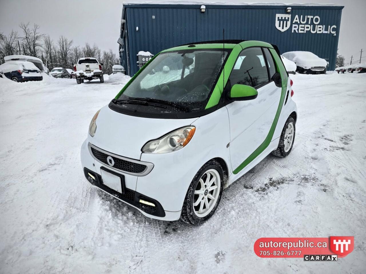 A very rare car - electric convertible <br/> Probably the only one in market in Ontario <br/> Only 52000kms and never been in accidents - Carfax Verified <br/> <br/> <br/> You can charge it with a standard 110V household outlet <br/> <br/> <br/> Off season is the best time to get a deal on a convertible. Can be stored till June 1st with no extra charge <br/> <br/> <br/> Comes Safety Certified with no extra charge <br/> <br/> <br/> Has with AC, heated seats, charging cable, cruise control, navigation, power windows and locks, remote keyless entry with two sets of keys, alloy rims, fog lights and more. <br/> <br/> <br/> Gorgeous looking little convertible in excellent condition and low kms. <br/> <br/> <br/> Link to Youtube walkaround video: <br/> https://www.youtube.com/watch?v=vcJBI1VavkY <br/> <br/> <br/> Please call 705-826-6777 for appointments <br/> www.autorepublic.ca <br/> <br/> <br/> Available extended warranty up to 48 months <br/> WE FINANCE EVERYONE. 100% APPROVAL (downpayment might be required) <br/> <br/> <br/> Tax and Licensing extra <br/> <br/> <br/> Trade-ins are welcome! <br/> No Hidden Fees or Admin Fees! <br/> <br/> <br/> Do not hesitate to contact us with any questions. <br/> <br/> <br/> AUTO REPUBLIC <br/> Quality Certified Pre-Owned Vehicles <br/> 5 Courtland st Ramara <br/>