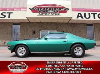 **Cash Price: $49,800*** Plus PST/GST. NO ADMINISTRATION FEES, ALL TRADES CONSIDERED! 

THIS IS A STUNNING, REAL DEAL1972 CHEVROLET CAMARO Z28 RESTO-MOD / PRO-STREET WITH AN ICONIC  "SPLIT BUMPER" . A TRUE STRIP OR STREET CAR PROFESSIONALY BUILT BY CORONA BROS RACE CARS OF NEW YORK STATE AND IMPORTED TO CANADA BY THE PREVIOUS OWNER APROX 10 YEARS AGO.  THE CAR SHOWS JUST AS NICE UNDERNEATH AS ON TOP.  IT IS AN EXCELLENT RACE/ DRIVE AND/OR SHOW CAR. It has always been Garaged and covered when not in use, only taken out to local shows by previous owner. Has not seen a drop of water since being imported, only waxed twice yearly and California dusted in between.

This is a real deal Z28 and is the rarest year of production for the Camaro Z28 due to the 6 month GM plant /labor strike that effected production that year. Although not an original spec car, the Body, chrome, glass, interior, frame and floor are all in amazing condition for a car of this age and it looks amazing. It Runs and Drives Very strong!!

Some highlights :

- Professionally built, Blue Printed and Balanced 383 Cu inch Small Block Chevy (we have the paperwork for the build)
- Ported heads with 3 angle valve job
- Holley 750 cfm double pumper on a Victor Jr intake
- Dual electric fuel pumps with pressure gauge ( in Cowl)
- Custom Headers to 3 stainless dual exhaust
- Dynod @ 466HP RWHP when built (We have the sheets)
- Chieftan SCS shifter on a 2800 stall reverse valve body turbo 400 trans
- 12 bolt rear end
- Driveshaft loop
- Ladder bars  
- Disc brakes in front
- 8 point welded on roll bar with Swing-Out Door Bar Kit 
- mid raised Fiberglass hood
- Lots of chrome under the hood
- Pro Comp gauge set
- Modern Sony Stereo
- Battery relocate with emergency disconnect at rear
- Weld light racing rims with street/drag radials on the rear
- And so much more!!

THIS IS ONE STUNNING CAR!!

Pictures dont do this car justice. This was a High End professionally built/restoration strip and /or street car and has been lovingly cared for by the previous owner. It shows exceptional. Not only is it Sexy looking, it runs and drives exceptionally well and is built very strong and set up very well. And lets not forget it truly is collectable - it is a real deal Z28 in the year of the lowest production numbers ever built. We have the Data Plate. It shows incredible inside and out. This car Runs, Sounds and drives amazing! Great looking, Head turning car! You can take this car out to the strip or cruise around the city -  it will do it all. You would be proud to own this car. Great collector car that you can drive on a Sunday for ice cream and head down to the local car shows!!  Dont miss out on a great deal to have the Real Deal!! Available now with No-Disappointments. Available now!! Do Not miss out on your DREAM car!!! Better than $$ in the bank!! 

Classic cars have proven to be among the most resilient and rewarding investments in recent years and represents better than $$ in the bank and certainly a lot more fun. Ready to make an investment you can actually enjoy? Please contact one of our expert sales consultants for more information. They will be happy to give you a complete walk-around, supply you with a more detailed description, and answer any questions you may have. Buy with confidence.

Please call for more information or better yet make an appointment to see it in our heated, climate controlled  showroom where it is on display!! READY FOR SALE NOW.  Please see dealer for details. Trades accepted. View at Winnipeg West Automotive Group, 5195 Portage Ave. Dealer permit # 4365, Call now 1 (888) 601-3023. This Car is located in Winnipeg Manitoba however we can have it shipped anywhere in North America relatively inexpensively.

Our sports cars are now available for your viewing convenience in our heated off-site showroom, by appointment only. Please call Sales at 888-601-3023 in advance, to set up your private viewing.