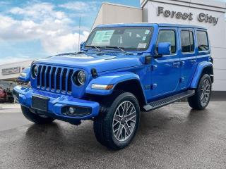 <b>Last year for High Altitude model with 20 rims on this  4XE Hybrid,  Luxury Leather Seats,  Heated Steering Wheel,  Heated Seats,  Aluminum Wheels!<br> <br></b><br>    This Jeep Wrangler 4xe is the culmination of tireless innovation and extensive testing to built the ultimate off-road SUV. <br> <br>No matter where your next adventure takes you, this Jeep Wrangler 4xe is ready for the challenge. With advanced traction and plug-in hybrid technology, sophisticated safety features and ample ground clearance, the Wrangler 4xe is designed to climb up and crawl over the toughest terrain. Inside the cabin of this advanced Wrangler 4xe offers supportive seats and comes loaded with the technology you expect while staying loyal to the style and design youve come to know and love.<br> <br> This blue SUV  has an automatic transmission and is powered by a  2.0L I4 16V GDI DOHC Turbo Hybrid engine.<br> <br> Our Wrangler 4xes trim level is High Altitude. Stepping up to this Jeep Wrangler Unlimited High Altitude 4xe is a great choice as it comes fully loaded with unique aluminum wheels, heated leather seats, blind spot detection, a heated steering wheel and premium dark exterior accents. This top of the line Wrangler also comes with a large touchscreen that is paired with Uconnect 4C, built-in navigation, Apple CarPlay, Android Auto and a premium 9 speaker Alpine audio system. This Sahara stands out with painted fenders, a remote engine start, 60/40 split folding rear seat, 4G LTE Wi-Fi Hot Spot, LED headlights, a proximity key, Park-Sense rear park assist, trailer sway control, plus much more! This vehicle has been upgraded with the following features: Hybrid,  Leather Seats,  Heated Steering Wheel,  Heated Seats,  Aluminum Wheels,  Blind Spot Detection,  Remote Start. <br><br> View the original window sticker for this vehicle with this url <b><a href=http://www.chrysler.com/hostd/windowsticker/getWindowStickerPdf.do?vin=1C4JJXP62PW683458 target=_blank>http://www.chrysler.com/hostd/windowsticker/getWindowStickerPdf.do?vin=1C4JJXP62PW683458</a></b>.<br> <br>To apply right now for financing use this link : <a href=https://www.forestcitydodge.ca/finance-center/ target=_blank>https://www.forestcitydodge.ca/finance-center/</a><br><br> <br/> 6.99% financing for 96 months.  Incentives expire 2023-10-02.  See dealer for details. <br> <br><br> Forest City Dodge proudly serves clients in London ON, St. Thomas ON, Woodstock ON, Tilsonburg ON, Strathroy ON, and the surrounding areas. Formerly known as Southwest Chrysler, Forest City Dodge has become a local automotive leader that takes pride in providing a transparent car buying experience and exceptional customer service throughout the dealership. </br>

<br> If you are looking to finance a vehicle, our finance department are seasoned professionals in ensuring that you get financing options that fits your budget and lifestyle. Regardless of your credit situation, our finance team will work hard to get you approved for a vehicle youre comfortable with in no time. We also offer a dedicated service department thats always ready to attend your needs. Our factory trained technicians will help keep your vehicle in the best shape possible so that your vehicle gets the most out of its lifespan. </br>

<br> We have a strong and committed team with many years of experience satisfying our customers needs. Feel free to browse our inventory online, request more information about our vehicles, or inquire about financing. Visit us today at or contact us now with any questions or concerns! </br>
<br> Come by and check out our fleet of 80+ used cars and trucks and 200+ new cars and trucks for sale in London.  o~o