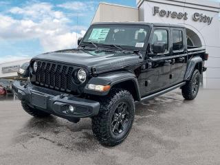 <b>Aluminum Wheels,  Apple CarPlay,  Android Auto,  Tow Package,  Proximity Key!</b><br> <br>   You no longer have to decide between a Jeep and a truck with the Jeep Gladiator. <br> <br>Built with unmistakable Jeep styling and off-road capability and the capability and hauling power of a pickup truck, you get the best of both worlds with this incredible machine. Thanks to its unmistakable style, rugged off-road technology, and an exhilarating open air truck experience, this unique Jeep Gladiator is ready to change the 4X4 game.<br> <br> This black Regular Cab 4X4 pickup   has an automatic transmission and is powered by a  3.6L V6 24V MPFI DOHC engine.<br> <br> Our Gladiators trim level is Willys. This Gladiator Willys features upgraded aluminum wheels, two front tow hooks, class III towing equipment with a trailer wiring harness and trailer sway control, undercarriage skid plates, a full-size spare with underbody storage, removable doors and windows, and a manual convertible top with fixed roll-over protection. This rugged truck also features great convenience features like proximity keyless entry with push button start, illuminated front and rear cupholders, two 12-volt DC power outlets, and tons of storage space. Handling infotainment and connectivity duties is a 7-inch screen powered by Uconnect 4, and features Apple CarPlay, Android Auto, 4G LTE WiFi hotspot internet access, and streaming audio. This vehicle has been upgraded with the following features: Aluminum Wheels,  Apple Carplay,  Android Auto,  Tow Package,  Proximity Key,  4g Wifi,  Rear Camera. <br><br> View the original window sticker for this vehicle with this url <b><a href=http://www.chrysler.com/hostd/windowsticker/getWindowStickerPdf.do?vin=1C6HJTAGXPL532286 target=_blank>http://www.chrysler.com/hostd/windowsticker/getWindowStickerPdf.do?vin=1C6HJTAGXPL532286</a></b>.<br> <br>To apply right now for financing use this link : <a href=https://www.forestcitydodge.ca/finance-center/ target=_blank>https://www.forestcitydodge.ca/finance-center/</a><br><br> <br/> Weve discounted this vehicle $1607. 6.99% financing for 96 months.  Incentives expire 2023-10-02.  See dealer for details. <br> <br><br> Forest City Dodge proudly serves clients in London ON, St. Thomas ON, Woodstock ON, Tilsonburg ON, Strathroy ON, and the surrounding areas. Formerly known as Southwest Chrysler, Forest City Dodge has become a local automotive leader that takes pride in providing a transparent car buying experience and exceptional customer service throughout the dealership. </br>

<br> If you are looking to finance a vehicle, our finance department are seasoned professionals in ensuring that you get financing options that fits your budget and lifestyle. Regardless of your credit situation, our finance team will work hard to get you approved for a vehicle youre comfortable with in no time. We also offer a dedicated service department thats always ready to attend your needs. Our factory trained technicians will help keep your vehicle in the best shape possible so that your vehicle gets the most out of its lifespan. </br>

<br> We have a strong and committed team with many years of experience satisfying our customers needs. Feel free to browse our inventory online, request more information about our vehicles, or inquire about financing. Visit us today at or contact us now with any questions or concerns! </br>
<br> Come by and check out our fleet of 80+ used cars and trucks and 200+ new cars and trucks for sale in London.  o~o