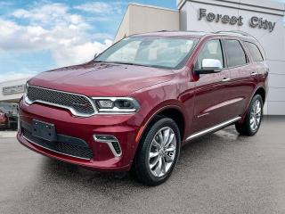 <b>Lane Keep Assist,  Sunroof,  Cooled Seats,  Navigation,  Apple CarPlay!</b><br> <br>   A real family hauler, a real SUV, and a real stylish ride, the Dodge Durango does it all. <br> <br>Filled with impressive standard features, this family friendly 2023 Dodge Durango is a surprising and adventurous SUV. Versatile as they come, you can manage any road you find in comfort and style, while effortlessly leading the pack in this Dodge Durango. For a capable, impressive, and versatile family SUV that can still climb mountains, this Dodge Durango is ready for your familys next big adventure.<br> <br> This red SUV  has an automatic transmission and is powered by a  3.6L V6 24V MPFI DOHC engine.<br> <br> Our Durangos trim level is Citadel. This Durango Citadel features a full DInamica simulated suede headliner, an express open/close sunroof, a power operated liftgate for rear cargo access, Nappa leather upholstery, ventilated and heated front seats with lumbar support and memory function, heated rear seats, adaptive cruise control, and upgraded tow equipment with hitch and sway control and trailer brake control. The standard features continue with remote engine start, a sport leather-wrapped heated steering wheel, and an upgraded 10.1-inch infotainment screen powered by Uconnect 5 and features inbuilt GPS navigation, Apple CarPlay, Android Auto, mobile hotspot internet access, and SiriusXM satellite radio. Safety features also include lane keeping assist with lane departure waring, blind spot detection with rear cross traffic alert, forward and rear collision mitigation, ParkSense with front and rear parking sensors, and even more. This vehicle has been upgraded with the following features: Lane Keep Assist,  Sunroof,  Cooled Seats,  Navigation,  Apple Carplay,  Android Auto,  4g Wi-fi. <br><br> View the original window sticker for this vehicle with this url <b><a href=http://www.chrysler.com/hostd/windowsticker/getWindowStickerPdf.do?vin=1C4RDJEG8PC585684 target=_blank>http://www.chrysler.com/hostd/windowsticker/getWindowStickerPdf.do?vin=1C4RDJEG8PC585684</a></b>.<br> <br>To apply right now for financing use this link : <a href=https://www.forestcitydodge.ca/finance-center/ target=_blank>https://www.forestcitydodge.ca/finance-center/</a><br><br> <br/> Weve discounted this vehicle $609. 6.99% financing for 96 months.  Incentives expire 2023-10-02.  See dealer for details. <br> <br><br> Forest City Dodge proudly serves clients in London ON, St. Thomas ON, Woodstock ON, Tilsonburg ON, Strathroy ON, and the surrounding areas. Formerly known as Southwest Chrysler, Forest City Dodge has become a local automotive leader that takes pride in providing a transparent car buying experience and exceptional customer service throughout the dealership. </br>

<br> If you are looking to finance a vehicle, our finance department are seasoned professionals in ensuring that you get financing options that fits your budget and lifestyle. Regardless of your credit situation, our finance team will work hard to get you approved for a vehicle youre comfortable with in no time. We also offer a dedicated service department thats always ready to attend your needs. Our factory trained technicians will help keep your vehicle in the best shape possible so that your vehicle gets the most out of its lifespan. </br>

<br> We have a strong and committed team with many years of experience satisfying our customers needs. Feel free to browse our inventory online, request more information about our vehicles, or inquire about financing. Visit us today at or contact us now with any questions or concerns! </br>
<br> Come by and check out our fleet of 80+ used cars and trucks and 200+ new cars and trucks for sale in London.  o~o