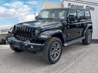 <b>Hybrid,  Luxury Leather Seats,  Heated Steering Wheel,  Heated Seats,  Aluminum Wheels!<br> <br></b><br>    This Jeep Wrangler 4xe is the culmination of tireless innovation and extensive testing to built the ultimate off-road SUV. <br> <br>No matter where your next adventure takes you, this Jeep Wrangler 4xe is ready for the challenge. With advanced traction and plug-in hybrid technology, sophisticated safety features and ample ground clearance, the Wrangler 4xe is designed to climb up and crawl over the toughest terrain. Inside the cabin of this advanced Wrangler 4xe offers supportive seats and comes loaded with the technology you expect while staying loyal to the style and design youve come to know and love.<br> <br> This black SUV  has an automatic transmission and is powered by a  2.0L I4 16V GDI DOHC Turbo Hybrid engine.<br> <br> Our Wrangler 4xes trim level is High Altitude. Stepping up to this Jeep Wrangler Unlimited High Altitude 4xe is a great choice as it comes fully loaded with unique aluminum wheels, heated leather seats, blind spot detection, a heated steering wheel and premium dark exterior accents. This top of the line Wrangler also comes with a large touchscreen that is paired with Uconnect 4C, built-in navigation, Apple CarPlay, Android Auto and a premium 9 speaker Alpine audio system. This Sahara stands out with painted fenders, a remote engine start, 60/40 split folding rear seat, 4G LTE Wi-Fi Hot Spot, LED headlights, a proximity key, Park-Sense rear park assist, trailer sway control, plus much more! This vehicle has been upgraded with the following features: Hybrid,  Leather Seats,  Heated Steering Wheel,  Heated Seats,  Aluminum Wheels,  Blind Spot Detection,  Remote Start. <br><br> View the original window sticker for this vehicle with this url <b><a href=http://www.chrysler.com/hostd/windowsticker/getWindowStickerPdf.do?vin=1C4JJXP64PW552225 target=_blank>http://www.chrysler.com/hostd/windowsticker/getWindowStickerPdf.do?vin=1C4JJXP64PW552225</a></b>.<br> <br>To apply right now for financing use this link : <a href=https://www.forestcitydodge.ca/finance-center/ target=_blank>https://www.forestcitydodge.ca/finance-center/</a><br><br> <br/> 6.99% financing for 96 months.  Incentives expire 2023-10-02.  See dealer for details. <br> <br><br> Forest City Dodge proudly serves clients in London ON, St. Thomas ON, Woodstock ON, Tilsonburg ON, Strathroy ON, and the surrounding areas. Formerly known as Southwest Chrysler, Forest City Dodge has become a local automotive leader that takes pride in providing a transparent car buying experience and exceptional customer service throughout the dealership. </br>

<br> If you are looking to finance a vehicle, our finance department are seasoned professionals in ensuring that you get financing options that fits your budget and lifestyle. Regardless of your credit situation, our finance team will work hard to get you approved for a vehicle youre comfortable with in no time. We also offer a dedicated service department thats always ready to attend your needs. Our factory trained technicians will help keep your vehicle in the best shape possible so that your vehicle gets the most out of its lifespan. </br>

<br> We have a strong and committed team with many years of experience satisfying our customers needs. Feel free to browse our inventory online, request more information about our vehicles, or inquire about financing. Visit us today at or contact us now with any questions or concerns! </br>
<br> Come by and check out our fleet of 80+ used cars and trucks and 200+ new cars and trucks for sale in London.  o~o