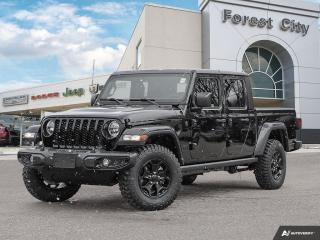 <b>Aluminum Wheels,  Apple CarPlay,  Android Auto,  Tow Package,  Proximity Key!</b><br> <br>   Ever wished your truck had a big open cabin like a Jeep? Ever wished your Jeep could hold more than a few people and a backpack? Now it can thanks to this awesome Jeep Gladiator! <br> <br>Built with unmistakable Jeep styling and off-road capability and the capability and hauling power of a pickup truck, you get the best of both worlds with this incredible machine. Thanks to its unmistakable style, rugged off-road technology, and an exhilarating open air truck experience, this unique Jeep Gladiator is ready to change the 4X4 game.<br> <br> This black Regular Cab 4X4 pickup   has an automatic transmission and is powered by a  3.6L V6 24V MPFI DOHC engine.<br> <br> Our Gladiators trim level is Willys. This Gladiator Willys features upgraded aluminum wheels, two front tow hooks, class III towing equipment with a trailer wiring harness and trailer sway control, undercarriage skid plates, a full-size spare with underbody storage, removable doors and windows, and a manual convertible top with fixed roll-over protection. This rugged truck also features great convenience features like proximity keyless entry with push button start, illuminated front and rear cupholders, two 12-volt DC power outlets, and tons of storage space. Handling infotainment and connectivity duties is a 7-inch screen powered by Uconnect 4, and features Apple CarPlay, Android Auto, 4G LTE WiFi hotspot internet access, and streaming audio. This vehicle has been upgraded with the following features: Aluminum Wheels,  Apple Carplay,  Android Auto,  Tow Package,  Proximity Key,  4g Wifi,  Rear Camera. <br><br> View the original window sticker for this vehicle with this url <b><a href=http://www.chrysler.com/hostd/windowsticker/getWindowStickerPdf.do?vin=1C6HJTAG2PL530757 target=_blank>http://www.chrysler.com/hostd/windowsticker/getWindowStickerPdf.do?vin=1C6HJTAG2PL530757</a></b>.<br> <br>To apply right now for financing use this link : <a href=https://www.forestcitydodge.ca/finance-center/ target=_blank>https://www.forestcitydodge.ca/finance-center/</a><br><br> <br/> Weve discounted this vehicle $1607. 6.99% financing for 96 months.  Incentives expire 2023-10-02.  See dealer for details. <br> <br><br> Forest City Dodge proudly serves clients in London ON, St. Thomas ON, Woodstock ON, Tilsonburg ON, Strathroy ON, and the surrounding areas. Formerly known as Southwest Chrysler, Forest City Dodge has become a local automotive leader that takes pride in providing a transparent car buying experience and exceptional customer service throughout the dealership. </br>

<br> If you are looking to finance a vehicle, our finance department are seasoned professionals in ensuring that you get financing options that fits your budget and lifestyle. Regardless of your credit situation, our finance team will work hard to get you approved for a vehicle youre comfortable with in no time. We also offer a dedicated service department thats always ready to attend your needs. Our factory trained technicians will help keep your vehicle in the best shape possible so that your vehicle gets the most out of its lifespan. </br>

<br> We have a strong and committed team with many years of experience satisfying our customers needs. Feel free to browse our inventory online, request more information about our vehicles, or inquire about financing. Visit us today at or contact us now with any questions or concerns! </br>
<br> Come by and check out our fleet of 80+ used cars and trucks and 200+ new cars and trucks for sale in London.  o~o