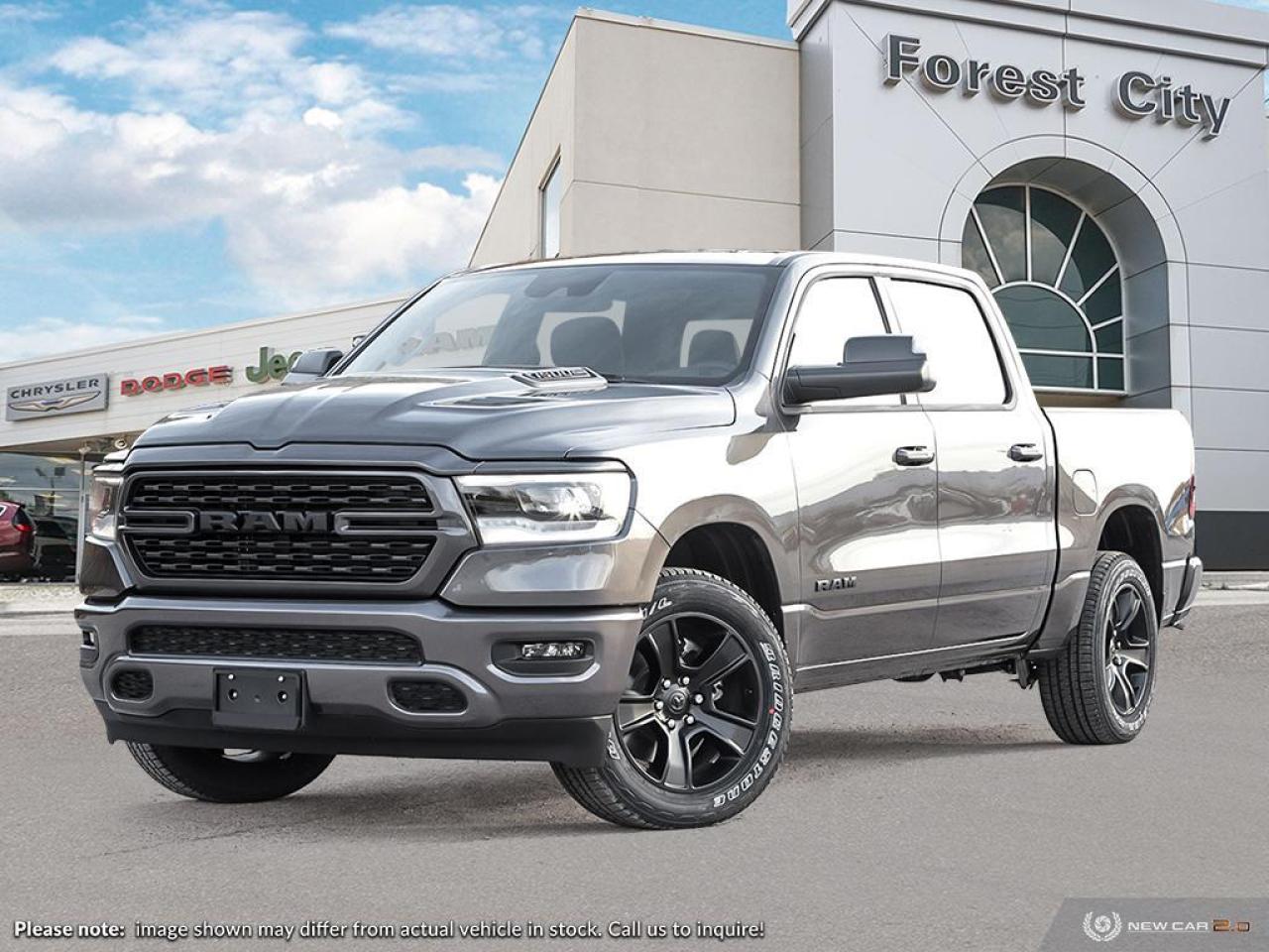 <b>Navigation,  Heated Seats,  4G Wi-Fi,  Heated Steering Wheel,  Forward Collision Alert!</b><br> <br>   Discover the inner beauty and rugged exterior of this stylish Ram 1500. <br> <br>The Ram 1500s unmatched luxury transcends traditional pickups without compromising its capability. Loaded with best-in-class features, its easy to see why the Ram 1500 is so popular. With the most towing and hauling capability in a Ram 1500, as well as improved efficiency and exceptional capability, this truck has the grit to take on any task.<br> <br> This granite Crew Cab 4X4 pickup   has an automatic transmission and is powered by a  5.7L V8 16V MPFI OHV engine.<br> <br> Our 1500s trim level is Sport. This RAM 1500 Sport throws in some great comforts such as power-adjustable heated front seats with lumbar support, dual-zone climate control, power-adjustable pedals, deluxe sound insulation, and a heated leather-wrapped steering wheel. Connectivity is handled by an upgraded 12-inch display powered by Uconnect 5W with inbuilt navigation, mobile internet hotspot access, smart device integration, and a 10-speaker audio setup. Additional features include power folding exterior mirrors, a power rear window with defrosting, a trailer wiring harness, heavy-duty suspension, cargo box lighting, and a locking tailgate. This vehicle has been upgraded with the following features: Navigation,  Heated Seats,  4g Wi-fi,  Heated Steering Wheel,  Forward Collision Alert,  Climate Control,  Aluminum Wheels. <br><br> View the original window sticker for this vehicle with this url <b><a href=http://www.chrysler.com/hostd/windowsticker/getWindowStickerPdf.do?vin=1C6SRFVT5PN668806 target=_blank>http://www.chrysler.com/hostd/windowsticker/getWindowStickerPdf.do?vin=1C6SRFVT5PN668806</a></b>.<br> <br>To apply right now for financing use this link : <a href=https://www.forestcitydodge.ca/finance-center/ target=_blank>https://www.forestcitydodge.ca/finance-center/</a><br><br> <br/> 6.99% financing for 96 months.  Incentives expire 2023-10-02.  See dealer for details. <br> <br><br> Forest City Dodge proudly serves clients in London ON, St. Thomas ON, Woodstock ON, Tilsonburg ON, Strathroy ON, and the surrounding areas. Formerly known as Southwest Chrysler, Forest City Dodge has become a local automotive leader that takes pride in providing a transparent car buying experience and exceptional customer service throughout the dealership. </br>

<br> If you are looking to finance a vehicle, our finance department are seasoned professionals in ensuring that you get financing options that fits your budget and lifestyle. Regardless of your credit situation, our finance team will work hard to get you approved for a vehicle youre comfortable with in no time. We also offer a dedicated service department thats always ready to attend your needs. Our factory trained technicians will help keep your vehicle in the best shape possible so that your vehicle gets the most out of its lifespan. </br>

<br> We have a strong and committed team with many years of experience satisfying our customers needs. Feel free to browse our inventory online, request more information about our vehicles, or inquire about financing. Visit us today at or contact us now with any questions or concerns! </br>
<br> Come by and check out our fleet of 80+ used cars and trucks and 200+ new cars and trucks for sale in London.  o~o