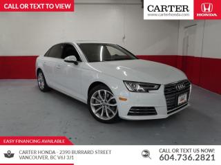 Experience the luxury and performance of the 2017 Audi A4 Progressiv, currently available at Carter Honda on 8th & Burrard. This compact luxury sedan offers a sophisticated and elegant design, standing out with its refined lines and premium materials. Powered by a powerful and responsive engine, the A4 Progressiv delivers a thrilling and smooth driving experience. The well-appointed interior features comfortable leather seats and advanced amenities, ensuring a comfortable and connected journey. Equipped with cutting-edge technology features such as a virtual cockpit, infotainment system, and advanced safety systems, the 2017 Audi A4 Progressiv guarantees both convenience and peace of mind. Visit Carter Honda on 8th & Burrard to explore the perfect fusion of luxury and performance in the 2017 Audi A4 Progressiv.