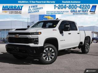 Four Wheel Drive, Cloth Seats, Power Accessories, Android Auto, Rearview Camera, Climate Control, Bluetooth  Get behind the wheel of our 2024 Chevrolet Silverado 2500 Custom Crew Cab 4X4 that is ready to rise to your next challenge in Summit White! Powered by a 6.6 Litre V8 generating 401hp for a 10 Speed Allison Automatic transmission tuned for tough jobs. This Four Wheel Drive truck is also easy to handle with help from a 2-speed transfer case and auto-locking rear differential. Radiating assertive confidence, our Silverado boasts 20-inch alloy wheels, black recovery hooks, power trailering mirrors, cargo-bed lighting, a trailer hitch, and a locking tailgate.  Once inside, Chevrolets truck experts helped design our Custom cabin to meet your needs with supportive cloth seats, a tilt-adjustable steering wheel, single-zone climate control, power accessories, cruise control, and a handy 12V power outlet. Digital functionality comes into play with a 7-inch touchscreen, wireless Android Auto/Apple CarPlay, Bluetooth, WiFi compatibility, and a six-speaker audio system with SiriusXM compatibility.  For safetys sake, Chevrolet supplies an HD rearview camera, automatic braking, forward collision alert, a following distance indicator, hitch guidance, a rear seat reminder, Stabilitrak stability/traction control, trailer sway control, hill start assistance, and other advanced features. Its no wonder our Silverado 2500 Custom satisfies so many owners! Save this Page and Call for Availability. We Know You Will Enjoy Your Test Drive Towards Ownership! View a CarFax Vehicle Report instantly at MurrayChevrolet.ca. : Questions? Call or text us at 204-800-4220 or call us toll-free at 1-888-381-7025. Dealer Permit #1740