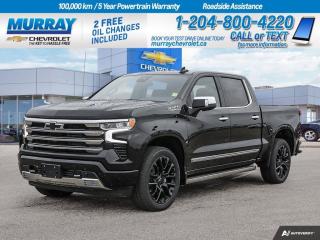 Four Wheel Drive, Heated/Cooled Seats, Remote Start, Android Auto, Bed View Camera, Heated Steering, Wireless Charging  Power up our 2024 Chevrolet Silverado 1500 High Country Crew Cab 4X4 to enjoy superior strength and style in Black! Motivated by a 6.2 Litre V8 offering 420hp to a 10 Speed Automatic transmission. This Four Wheel Drive truck flaunts commanding capability with a high-capacity suspension and Autotrac 2-speed transfer case, and it sees approximately 11.8L/100km on the highway. Our Silverado is designed to draw a crowd with LED lighting, fog lamps, chrome assist steps, 20-inch alloy wheels, a Chevytec spray-on bedliner, perimeter lighting, and a power up/down tailgate.  Our High Country cabin has an incredible array of luxuries, including heated/ventilated leather power front seats, heated rear seats, a heated leather power steering wheel, dual-zone automatic climate control, a power sliding rear window, remote start, keyless access, pushbutton ignition, and 120V power outlets. The eye-friendly infotainment system adds a 12-inch driver display, a 13.4-inch touchscreen, Google Built-In, voice control, Bose audio, WiFi compatibility, wireless Android Auto/Apple CarPlay, Bluetooth, and wireless charging.  Chevrolet brings peace of mind with automatic braking, forward collision warning, lane-keeping assistance, HD surround vision, trailer-capable blind-spot monitoring, a bed-view camera, and more. Now check out our Silverado High Country for yourself and take charge of your world! Save this Page and Call for Availability. We Know You Will Enjoy Your Test Drive Towards Ownership! View a CarFax Vehicle Report instantly at MurrayChevrolet.ca. : Questions? Call or text us at 204-800-4220 or call us toll-free at 1-888-381-7025.  Dealer Permit #1740