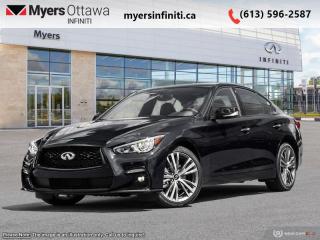<b>Navigation,  360 Camera,  Sunroof,  Remote Start,  Bose Performance Audio!</b><br> <br> <br> <br>  Compared with other contemporary sports sedans, this 2023 Infiniti Q50 leaves little to be desired. <br> <br>This gorgeous Infiniti Q50 is a meticulously engineered sports sedan, built with fun and comfort in mind. Impressive technology, adequate ergonomics and stellar dynamics make this Q50 a strong contender in this competitive vehicle class. Also bundled with cutting edge driver-assistive and safety systems, this 2023 Infiniti Q50 checks all the boxes and remains a desirable and versatile sports sedan.<br> <br> This black obsidian sedan  has an automatic transmission and is powered by a  300HP 3.0L V6 Cylinder Engine.<br> <br> Our Q50s trim level is Signature Edition. This top-f-the-line Q50 Signature edition is fully loaded with Infiniti InTouch dual display infotainment with wireless Apple CarPlay and Android Auto, Siri EyesFree, inbuilt navigation, Bluetooth hands free phone assistant, Wi-Fi, and streaming audio. On top of all that connectivity, is classic comfort in the form of heated seats and steering wheel, power liftgate, synthetic leather upholstery, and forward emergency braking. The exterior is equally next level with a chrome exhaust tip, alloy wheels, chrome trim and grille, rain sensing wipers, automatic LED lighting with fog lamps, and stylish perimeter approach lights. Other features include a sunroof, Bose Performance Audio, distance pacing, remote start, parking sensors, blind spot warning, and a 360 degree parking camera. This vehicle has been upgraded with the following features: Navigation,  360 Camera,  Sunroof,  Remote Start,  Bose Performance Audio,  Power Liftgate,  Heated Seats. <br><br> <br>To apply right now for financing use this link : <a href=https://www.myersinfiniti.ca/finance/ target=_blank>https://www.myersinfiniti.ca/finance/</a><br><br> <br/> Total  cash rebate of $3500 is reflected in the price. Rebate is not combinable with subvented rate <br> Buy this vehicle now for the lowest bi-weekly payment of <b>$514.79</b> with $0 down for 84 months @ 11.00% APR O.A.C. ( taxes included, $821  and licensing fees    ).  Incentives expire 2024-04-30.  See dealer for details. <br> <br><br> Come by and check out our fleet of 30+ used cars and trucks and 100+ new cars and trucks for sale in Ottawa.  o~o
