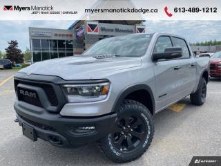 <b>Off-Road Suspension,  SiriusXM,  Apple CarPlay,  Android Auto,  Navigation!</b><br> <br> <br> <br>Call 613-489-1212 to speak to our friendly sales staff today, or come by the dealership!<br> <br>  Work, play, and adventure are what the 2023 Ram 1500 was designed to do. <br> <br>The Ram 1500s unmatched luxury transcends traditional pickups without compromising its capability. Loaded with best-in-class features, its easy to see why the Ram 1500 is so popular. With the most towing and hauling capability in a Ram 1500, as well as improved efficiency and exceptional capability, this truck has the grit to take on any task.<br> <br> This billet silver metallic Crew Cab 4X4 pickup   has an automatic transmission and is powered by a  395HP 5.7L 8 Cylinder Engine.<br> <br> Our 1500s trim level is Rebel. Bold and unapologetic, this Ram 1500 Rebel features beefy off-road suspension including Bilstein dampers, skid plates for underbody protection, gloss black wheels, front fog lamps, power-folding exterior mirrors with courtesy lamps, and black fender flares, with front bumper tow hooks. The standard features continue, with power-adjustable heated front seats with lumbar support, dual-zone climate control, power-adjustable pedals, deluxe sound insulation, and a leather-wrapped steering wheel. Connectivity is handled by an upgraded 8.4-inch display powered by Uconnect 5 with inbuilt navigation, mobile internet hotspot access, Apple CarPlay, Android Auto and SiriusXM streaming radio. Additional features include a power rear window with defrosting, class II towing equipment including a hitch, wiring harness and trailer sway control, heavy-duty suspension, cargo box lighting, and a locking tailgate. This vehicle has been upgraded with the following features: Off-road Suspension,  Siriusxm,  Apple Carplay,  Android Auto,  Navigation,  Heated Seats,  4g Wi-fi. <br><br> View the original window sticker for this vehicle with this url <b><a href=http://www.chrysler.com/hostd/windowsticker/getWindowStickerPdf.do?vin=1C6SRFLT3PN701062 target=_blank>http://www.chrysler.com/hostd/windowsticker/getWindowStickerPdf.do?vin=1C6SRFLT3PN701062</a></b>.<br> <br>To apply right now for financing use this link : <a href=https://CreditOnline.dealertrack.ca/Web/Default.aspx?Token=3206df1a-492e-4453-9f18-918b5245c510&Lang=en target=_blank>https://CreditOnline.dealertrack.ca/Web/Default.aspx?Token=3206df1a-492e-4453-9f18-918b5245c510&Lang=en</a><br><br> <br/> Weve discounted this vehicle $4900. Total  cash rebate of $8112 is reflected in the price. Credit includes up to 10% MSRP.  5.49% financing for 96 months. <br> Buy this vehicle now for the lowest weekly payment of <b>$209.53</b> with $0 down for 96 months @ 5.49% APR O.A.C. ( Plus applicable taxes -  $1199  fees included in price    ).  Incentives expire 2024-07-02.  See dealer for details. <br> <br>If youre looking for a Dodge, Ram, Jeep, and Chrysler dealership in Ottawa that always goes above and beyond for you, visit Myers Manotick Dodge today! Were more than just great cars. We provide the kind of world-class Dodge service experience near Kanata that will make you a Myers customer for life. And with fabulous perks like extended service hours, our 30-day tire price guarantee, the Myers No Charge Engine/Transmission for Life program, and complimentary shuttle service, its no wonder were a top choice for drivers everywhere. Get more with Myers!<br> Come by and check out our fleet of 40+ used cars and trucks and 90+ new cars and trucks for sale in Manotick.  o~o