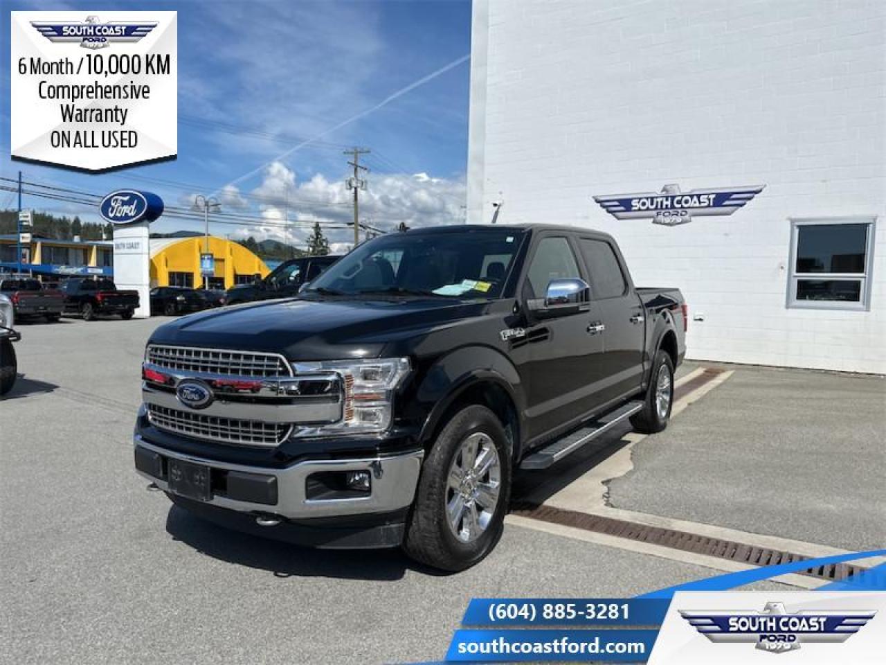 <b>Leather Seats, Navigation, Premium Audio, Sunroof, FX4 Off-Road Package!</b><br> <br> <p style=color:Blue;><b>Upgrade your ride at South Coast Ford with peace of mind! Our used vehicles come with a minimum of 10,000 km and 6 months of Comprehensive Vehicle Warranty. Drive with confidence knowing your investment is protected.</b></p><br> <br> Compare at $53990 - Our Price is just $48404! <br> <br>   A best hauling and the hardest working truck around, this Ford F-150 is everything you could want in a pickup truck. This  2020 Ford F-150 is for sale today in Sechelt. <br> <br>The perfect truck for work or play, this versatile Ford F-150 gives you the power you need, the features you want, and the style you crave! With high-strength, military-grade aluminum construction, this F-150 cuts the weight without sacrificing toughness. The interior design is first class, with simple to read text, easy to push buttons and plenty of outward visibility.This  Crew Cab 4X4 pickup  has 76,205 kms. Its  agate black in colour  . It has a 10 speed automatic transmission and is powered by a  395HP 5.0L 8 Cylinder Engine.  It may have some remaining factory warranty, please check with dealer for details. <br> <br> Our F-150s trim level is Lariat. This luxurious Ford F-150 Lariat comes loaded with premium features such as leather heated and cooled seats, body coloured exterior accents, a proximity key with push button start, dynamic hitch assist and Ford Co-Pilot360 that features pre-collision assist, automatic emergency braking and rear parking sensors. Enhanced features also includes unique aluminum wheels, SYNC 3 with enhanced voice recognition featuring Apple CarPlay and Android Auto, FordPass Connect 4G LTE, power adjustable pedals, a powerful audio system with SiriusXM radio, cargo box lights, a smart device remote engine start, dual zone climate control and a handy rear view camera to help when backing out of tight spaces. This vehicle has been upgraded with the following features: Leather Seats, Navigation, Premium Audio, Sunroof, Fx4 Off-road Package, 360 Camera, 2nd Row Heated Seats. <br> To view the original window sticker for this vehicle view this <a href=http://www.windowsticker.forddirect.com/windowsticker.pdf?vin=1FTEW1E54LKF49501 target=_blank>http://www.windowsticker.forddirect.com/windowsticker.pdf?vin=1FTEW1E54LKF49501</a>. <br/><br> <br>To apply right now for financing use this link : <a href=https://www.southcoastford.com/financing/ target=_blank>https://www.southcoastford.com/financing/</a><br><br> <br/><br> Buy this vehicle now for the lowest bi-weekly payment of <b>$330.74</b> with $0 down for 96 months @ 8.99% APR O.A.C. ( Plus applicable taxes -  $595 Administration Fee included    / Total Obligation of $68794  ).  See dealer for details. <br> <br>Call South Coast Ford Sales or come visit us in person. Were convenient to Sechelt, BC and located at 5606 Wharf Avenue. and look forward to helping you with your automotive needs.<br><br> Come by and check out our fleet of 20+ used cars and trucks and 90+ new cars and trucks for sale in Sechelt.  o~o