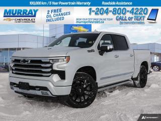 Four Wheel Drive, Heated/Cooled Seats, Bluetooth, Remote Start, Bed View Camera, Heated Steering, Apple CarPlay  Power up our 2024 Chevrolet Silverado 1500 High Country Crew Cab Short Box 4X4 to enjoy superior strength and style in Iridescent Pearl Tricoat! Motivated by a 6.2 Litre V8 offering 420hp to a 10 Speed Automatic transmission. This Four Wheel Drive truck flaunts commanding capability with a high-capacity suspension and Autotrac 2-speed transfer case, and it sees approximately 11.8L/100km on the highway. Our Silverado is designed to draw a crowd with LED lighting, fog lamps, chrome assist steps, 20-inch alloy wheels, a Chevytec spray-on bedliner, perimeter lighting, and a power up/down tailgate.  Our High Country cabin has an incredible array of luxuries, including heated/ventilated leather power front seats, heated rear seats, a heated leather power steering wheel, dual-zone automatic climate control, a power sliding rear window, remote start, keyless access, pushbutton ignition, and 120V power outlets. The eye-friendly infotainment system adds a 12-inch driver display, a 13.4-inch touchscreen, Google Built-In, voice control, Bose audio, WiFi compatibility, wireless Android Auto/Apple CarPlay, Bluetooth, and wireless charging.  Chevrolet brings peace of mind with automatic braking, forward collision warning, lane-keeping assistance, HD surround vision, trailer-capable blind-spot monitoring, a bed-view camera, and more. Now check out our Silverado High Country for yourself and take charge of your world! Save this Page and Call for Availability. We Know You Will Enjoy Your Test Drive Towards Ownership! View a CarFax Vehicle Report instantly at MurrayChevrolet.ca. : Questions? Call or text us at 204-800-4220 or call us toll-free at 1-888-381-7025. Dealer Permit #1740
