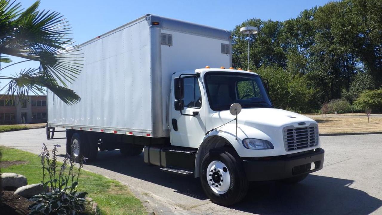 2015 Freightliner M2 106 28 Foot Cube Van Diesel, 6.7L L6 DIESEL engine, 6 cylinder, 2 door, automatic, 4X2, cruise control, air conditioning, AM/FM radio, power door locks, power windows, white exterior, black interior, cloth. Certification and Decal valid until July 2024. Wheelbase is 23 feet,  inside box width is 8 feet and 9 feet high. (All the measurements are deemed to be true but are not guaranteed).  $39,840.00 plus $375 processing fee, $40,215.00 total payment obligation before taxes.  Listing report, warranty, contract commitment cancellation fee, financing available on approved credit (some limitations and exceptions may apply). All above specifications and information is considered to be accurate but is not guaranteed and no opinion or advice is given as to whether this item should be purchased. We do not allow test drives due to theft, fraud, acts of vandalism and undetectable impaired driving. Instead we provide the following benefits: Complimentary Warranty (with options to extend), Limited Money Back Satisfaction Guarantee on Fully Completed Contracts, Contract Commitment Cancellation, and an Open-Ended Sell-Back Option. Ask seller for details or call 604-522-REPO(7376) to confirm listing availability.