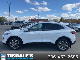 <b>Leather Seats,  Heated Seats, 601A Equipment Group, Premium Technology Package, Class II Trailer Tow Package!</b><br> <br> <br> <br>Check out the large selection of new Fords at Tisdales today!<br> <br>  In the city or in the forest, this Ford Escape is built to get you over any terrain with confidence and comfort. <br> <br>This Ford Escape was built for an active lifestyle and offers plenty of options for you to hit the road in your own individual style. Whether you need a family SUV for soccer practice, a capable adventure vehicle, or both, the versatile Ford Escape has you covered. Built for those who live on the go, the 2023 Ford Escape is made to be unstoppable.<br> <br> This star white tri-coat SUV  has an automatic transmission and is powered by a  250HP 2.0L 4 Cylinder Engine.<br> <br> Our Escapes trim level is Platinum. This Escape Platinum is a significant step up, with upgrades such as inbuilt navigation, adaptive cruise control, Ford Co-Pilot360 surround camera, and evasive steering assist. The amazing standard features continue with heated ActiveX synthetic leather seats, a heated leatherette steering wheel, simulated wood interior trim, remote engine start, and an expansive 13.2-inch infotainment screen with wireless Apple CarPlay and Android Auto, SiriusXM satellite radio, and FordPass Connect 4G mobile hotspot internet access. Safety features include blind spot detection, lane keeping assist with lane departure warning, evasive steering assist, forward and rear collision mitigation, and front and rear parking sensors. Additional features include a power liftgate for rear cargo access, aluminum wheels, roof rack rails, LED headlights with automatic high beams, a keypad for extra security, and so much more. This vehicle has been upgraded with the following features: Leather Seats,  Heated Seats, 601a Equipment Group, Premium Technology Package, Class Ii Trailer Tow Package. <br><br> View the original window sticker for this vehicle with this url <b><a href=http://www.windowsticker.forddirect.com/windowsticker.pdf?vin=1FMCU9JA4PUA92371 target=_blank>http://www.windowsticker.forddirect.com/windowsticker.pdf?vin=1FMCU9JA4PUA92371</a></b>.<br> <br>To apply right now for financing use this link : <a href=http://www.tisdales.com/shopping-tools/apply-for-credit.html target=_blank>http://www.tisdales.com/shopping-tools/apply-for-credit.html</a><br><br> <br/> Total  cash rebate of $1500 is reflected in the price. Credit includes $1,500 Delivery Allowance.  5.99% financing for 84 months. <br> Buy this vehicle now for the lowest bi-weekly payment of <b>$319.63</b> with $0 down for 84 months @ 5.99% APR O.A.C. ( Plus applicable taxes -  $699 administration fee included in sale price.   ).  Incentives expire 2024-02-29.  See dealer for details. <br> <br>Tisdales is not your standard dealership. Sales consultants are available to discuss what vehicle would best suit the customer and their lifestyle, and if a certain vehicle isnt readily available on the lot, one will be brought in. o~o
