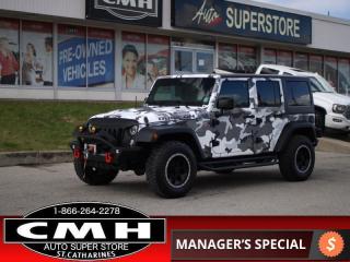 <b>UNDER 19,000 KMS !! NO ACCIDENTS !! ONE OWNER !! CAMOUFLAGE WRAP, THOUSANDS IN AFTER MARKET PARK (PUSH BAR, WINCH, LIGHTS, GRILL), NAVIGATION, BLUETOOTH, STEERING WHEEL AUDIO CONTROLS, LEATHER, HEATED SEATS, REMOTE START, HARDTOP, PREMIUM TIRES AND ALLOYS</b><br>      This  2015 Jeep Wrangler Unlimited is for sale today. <br> <br>Leave the road behind and let the adventure begin in this Jeep Wrangler Unlimited, the ultimate off-roading vehicle. With classic, timeless styling and extreme capability, this SUV appeals to anyone who likes to take their fun off the beaten path. While you can still enjoy the simple pleasures in life, this model also comes with modern technology to enhance comfort and convenience. Four-door convenience makes this a practical everyday SUV thats great for families. Theres simply nothing in the world quite like the Jeep Wrangler Unlimited. This low mileage  SUV has just 18,410 kms. Its  black (camo wrap) in colour  . It has an automatic transmission and is powered by a  285HP 3.6L V6 Cylinder Engine. <br> To view the original window sticker for this vehicle view this <a href=http://www.chrysler.com/hostd/windowsticker/getWindowStickerPdf.do?vin=1C4HJWFG2FL695273 target=_blank>http://www.chrysler.com/hostd/windowsticker/getWindowStickerPdf.do?vin=1C4HJWFG2FL695273</a>. <br/><br> <br>To apply right now for financing use this link : <a href=https://www.cmhniagara.com/financing/ target=_blank>https://www.cmhniagara.com/financing/</a><br><br> <br/><br>Trade-ins are welcome! Financing available OAC ! Price INCLUDES a valid safety certificate! Price INCLUDES a 60-day limited warranty on all vehicles except classic or vintage cars. CMH is a Full Disclosure dealer with no hidden fees. We are a family-owned and operated business for over 30 years! o~o