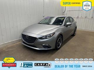 
Air Conditioning, Cruise Control, Voice Recognition, Steering Wheel Controls, Rear Window Defroster, Push to Start, Power Windows, Power Trunk/Hatch, Power Locks, Fog Lights. This Mazda MAZDA3 has a powerful Regular Unleaded I-4 2.0 L/122 engine powering this Manual transmission.

Experience a Fully-Loaded Mazda MAZDA3 GX 
Aux/MP3 Line-in, Alloy Wheels, Tilt Steering, Power Mirrors, Outside Temp Display, 16 Inch Wheels, On-star, 12V Outlet, Fixed Rear Window w/Defroster, Wheels: 16 Steel -inc: full wheel covers, Variable Intermittent Wipers, Urethane Gear Shifter Material, Trunk Rear Cargo Access, Transmission: 6-Speed SKYACTIV Manual, Tires: P205/60R16 AS, Steel Spare Wheel, Side Impact Beams, Seats w/Cloth Back Material, Remote Releases -Inc: Power Cargo Access and Mechanical Fuel, Remote Keyless Entry w/Integrated Key Transmitter, Illuminated Entry, Illuminated Ignition Switch and Panic Button.

Only The Best Get Recognized
IIHS Top Safety Pick+, KBB.com 10 Coolest New Cars Under $18,000, KBB.com 10 Most Awarded Cars, KBB.com Best Buy Awards Finalist, KBB.com 10 Best Sedans Under $25,000, KBB.com 10 Best Late-Model Used Cars Under $15,000, KBB.com 10 Tech-Savviest Cars Under $20,000, KBB.com Brand Image Awards.

Expert Reviews!
As reported by KBB.com: If youre seeking a compact sedan or hatchback with fun driving manners, great fuel economy, and class-above looks and features, the Mazda3 is an excellent choice. That Mazdas compact car starts under $18,000 and retains its value very well is icing on the cake.


THE SUPER DAVES ADVANTAGE
 
BUY REMOTE - No need to visit the dealership. Through email, text, or a phone call, you can complete the purchase of your next vehicle all without leaving your house!
 
DELIVERED TO YOUR DOOR - Your new car, delivered straight to your door! When buying your car with Super Daves, well arrange a fast and secure delivery. Just pick a time that works for you and well bring you your new wheels!
 
PEACE OF MIND WARRANTY - Every vehicle we sell comes backed with a warranty so you can drive with confidence.
 
EXTENDED COVERAGE - Get added protection on your new car and drive confidently with our selection of competitively priced extended warranties.
 
WE ACCEPT TRADES - We’ll accept your trade for top dollar! We’ll assess your trade in with a few quick questions and offer a guaranteed value for your ride. We’ll even come pick up your trade when we deliver your new car.
 
SUPER CERTIFIED INSPECTION - Every vehicle undergoes an extensive 120 point inspection, that ensure you get a safe, high quality used vehicle every time.
 
FREE CARFAX VEHICLE HISTORY REPORT - If youre buying used, its important to know your cars history. Thats why we provide a free vehicle history report that lists any accidents, prior defects, and other important information that may be useful to you in your decision.
 
METICULOUSLY DETAILED – Buying used doesn’t mean buying grubby. We want your car to shine and sparkle when it arrives to you. Our professional team of detailers will have your new-to-you ride looking new car fresh.
 
(Please note that we make all attempt to verify equipment, trim levels, options, accessories, kilometers and price listed in our ads however we make no guarantees regarding the accuracy of these ads online. Features are populated by VIN decoder from manufacturers original specifications. Some equipment such as wheels and wheels sizes, along with other equipment or features may have changed or may not be present. We do not guarantee a vehicle manual, manuals can be typically found online in the rare event the vehicle does not have one. Please verify all listed information with our dealership in person before purchase. The sale price does not include any ongoing subscription based services such as Satellite Radio. Any software or hardware updates needed to run any of these systems would also be the responsibility of the client. All listed payments are OAC which means On Approved Credit and are estimated without taxes and fees as these may vary from deal to deal, taxes and fees are extra. As these payments are based off our lenders best offering they may be subject to change without notice. Please ensure this vehicle is ready to be viewed at the dealership by making an appointment with our sales staff. We cannot guarantee this vehicle will be on premises and ready for viewing unless and appointment has been made.)
