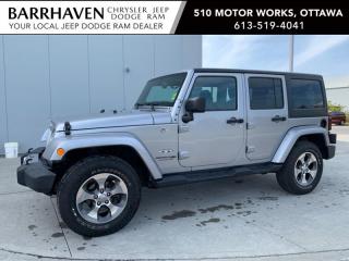 Just IN... A Local Trade-In 2018 Jeep Wrangler Unlimited Sahara. Some of the Features included in the Trim Package are 3.6L Pentastar VVT V6 Engine, : 5speed automatic transmission, 18-inch Aluminum Wheels, Navigation, Cloth bucket seats, Remote keyless entry, Tire pressure monitoring warning lamp, Security alarm, Leatherwrapped steering wheel, Leatherwrapped shift knob, Cruise control, Air conditioning, Automatic headlamps, Power windows with front onetouch down & Power locks, Rear 60/40 split folding bench seat, Black Jeep Freedom Top hardtop, Power, heated exterior mirrors, 6.5inch touchscreen, GPS navigation, SiriusXM satellite radio & Remote start system to name a few. BONUS Accessory includes a Black Premium Sunrider Soft Top. The Jeep includes a Clean Car-Proof Report free of any Insurance or Collision Claims. The Jeep has gone through a Detail Cleaning and is ready to be Viewed. Nobody deals like Barrhaven Jeep Dodge Ram, come and see us today and we will show you why!!