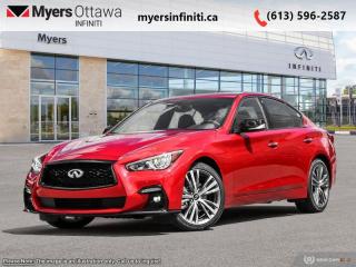 <b>Navigation,  360 Camera,  Sunroof,  Remote Start,  Bose Performance Audio!</b><br> <br> <br> <br>  With infinite potential, this Q50 is engineered to thrill you every time. <br> <br>This gorgeous Infiniti Q50 is a meticulously engineered sports sedan, built with fun and comfort in mind. Impressive technology, adequate ergonomics and stellar dynamics make this Q50 a strong contender in this competitive vehicle class. Also bundled with cutting edge driver-assistive and safety systems, this 2023 Infiniti Q50 checks all the boxes and remains a desirable and versatile sports sedan.<br> <br> This sunstone red sedan  has an automatic transmission and is powered by a  300HP 3.0L V6 Cylinder Engine.<br> <br> Our Q50s trim level is Signature Edition. This top-f-the-line Q50 Signature edition is fully loaded with Infiniti InTouch dual display infotainment with wireless Apple CarPlay and Android Auto, Siri EyesFree, inbuilt navigation, Bluetooth hands free phone assistant, Wi-Fi, and streaming audio. On top of all that connectivity, is classic comfort in the form of heated seats and steering wheel, power liftgate, synthetic leather upholstery, and forward emergency braking. The exterior is equally next level with a chrome exhaust tip, alloy wheels, chrome trim and grille, rain sensing wipers, automatic LED lighting with fog lamps, and stylish perimeter approach lights. Other features include a sunroof, Bose Performance Audio, distance pacing, remote start, parking sensors, blind spot warning, and a 360 degree parking camera. This vehicle has been upgraded with the following features: Navigation,  360 Camera,  Sunroof,  Remote Start,  Bose Performance Audio,  Power Liftgate,  Heated Seats. <br><br> <br>To apply right now for financing use this link : <a href=https://www.myersinfiniti.ca/finance/ target=_blank>https://www.myersinfiniti.ca/finance/</a><br><br> <br/> Total  cash rebate of $3500 is reflected in the price. Rebate is not combinable with subvented rate <br> Buy this vehicle now for the lowest bi-weekly payment of <b>$536.19</b> with $0 down for 84 months @ 11.00% APR O.A.C. ( taxes included, $821  and licensing fees    ).  Incentives expire 2024-04-30.  See dealer for details. <br> <br><br> Come by and check out our fleet of 30+ used cars and trucks and 100+ new cars and trucks for sale in Ottawa.  o~o