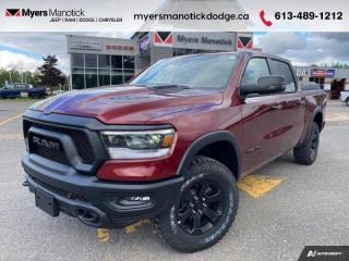 <b>Off-Road Suspension,  SiriusXM,  Apple CarPlay,  Android Auto,  Navigation!</b><br> <br> <br> <br>Call 613-489-1212 to speak to our friendly sales staff today, or come by the dealership!<br> <br>  Whether you need tough and rugged capability, or soft and comfortable luxury, this 2023 Ram delivers every time. <br> <br>The Ram 1500s unmatched luxury transcends traditional pickups without compromising its capability. Loaded with best-in-class features, its easy to see why the Ram 1500 is so popular. With the most towing and hauling capability in a Ram 1500, as well as improved efficiency and exceptional capability, this truck has the grit to take on any task.<br> <br> This red pearl Crew Cab 4X4 pickup   has an automatic transmission and is powered by a  395HP 5.7L 8 Cylinder Engine.<br> <br> Our 1500s trim level is Rebel. Bold and unapologetic, this Ram 1500 Rebel features beefy off-road suspension including Bilstein dampers, skid plates for underbody protection, gloss black wheels, front fog lamps, power-folding exterior mirrors with courtesy lamps, and black fender flares, with front bumper tow hooks. The standard features continue, with power-adjustable heated front seats with lumbar support, dual-zone climate control, power-adjustable pedals, deluxe sound insulation, and a leather-wrapped steering wheel. Connectivity is handled by an upgraded 8.4-inch display powered by Uconnect 5 with inbuilt navigation, mobile internet hotspot access, Apple CarPlay, Android Auto and SiriusXM streaming radio. Additional features include a power rear window with defrosting, class II towing equipment including a hitch, wiring harness and trailer sway control, heavy-duty suspension, cargo box lighting, and a locking tailgate. This vehicle has been upgraded with the following features: Off-road Suspension,  Siriusxm,  Apple Carplay,  Android Auto,  Navigation,  Heated Seats,  4g Wi-fi. <br><br> View the original window sticker for this vehicle with this url <b><a href=http://www.chrysler.com/hostd/windowsticker/getWindowStickerPdf.do?vin=1C6SRFLT3PN701059 target=_blank>http://www.chrysler.com/hostd/windowsticker/getWindowStickerPdf.do?vin=1C6SRFLT3PN701059</a></b>.<br> <br>To apply right now for financing use this link : <a href=https://CreditOnline.dealertrack.ca/Web/Default.aspx?Token=3206df1a-492e-4453-9f18-918b5245c510&Lang=en target=_blank>https://CreditOnline.dealertrack.ca/Web/Default.aspx?Token=3206df1a-492e-4453-9f18-918b5245c510&Lang=en</a><br><br> <br/> Weve discounted this vehicle $3000. Total  cash rebate of $8187 is reflected in the price. Credit includes up to 10% MSRP.  6.99% financing for 96 months. <br> Buy this vehicle now for the lowest weekly payment of <b>$229.49</b> with $0 down for 96 months @ 6.99% APR O.A.C. ( Plus applicable taxes -  $1199  fees included in price    ).  Incentives expire 2023-11-30.  See dealer for details. <br> <br>If youre looking for a Dodge, Ram, Jeep, and Chrysler dealership in Ottawa that always goes above and beyond for you, visit Myers Manotick Dodge today! Were more than just great cars. We provide the kind of world-class Dodge service experience near Kanata that will make you a Myers customer for life. And with fabulous perks like extended service hours, our 30-day tire price guarantee, the Myers No Charge Engine/Transmission for Life program, and complimentary shuttle service, its no wonder were a top choice for drivers everywhere. Get more with Myers!<br> Come by and check out our fleet of 40+ used cars and trucks and 90+ new cars and trucks for sale in Manotick.  o~o