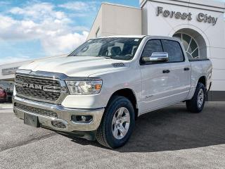 <b>Aluminum Wheels,  Heavy Duty Suspension,  Tow Package,  Power Mirrors,  Rear Camera!</b><br> <br>   Make light work of tough jobs in this 2023 Ram 1500, with exceptional towing, torque and payload capability. <br> <br>The Ram 1500s unmatched luxury transcends traditional pickups without compromising its capability. Loaded with best-in-class features, its easy to see why the Ram 1500 is so popular. With the most towing and hauling capability in a Ram 1500, as well as improved efficiency and exceptional capability, this truck has the grit to take on any task.<br> <br> This bright white Crew Cab 4X4 pickup   has an automatic transmission and is powered by a  5.7L V8 16V MPFI OHV engine.<br> <br> Our 1500s trim level is Big Horn. This Ram 1500 Bighorn comes with stylish aluminum wheels, a leather steering wheel, class II towing equipment including a hitch, wiring harness and trailer sway control, heavy-duty suspension, cargo box lighting, and a locking tailgate. Additional features include heated and power adjustable side mirrors, UCconnect 3, hands-free phone communication, push button start, cruise control, air conditioning, vinyl floor lining, and a rearview camera. This vehicle has been upgraded with the following features: Aluminum Wheels,  Heavy Duty Suspension,  Tow Package,  Power Mirrors,  Rear Camera. <br><br> View the original window sticker for this vehicle with this url <b><a href=http://www.chrysler.com/hostd/windowsticker/getWindowStickerPdf.do?vin=1C6SRFFT2PN696917 target=_blank>http://www.chrysler.com/hostd/windowsticker/getWindowStickerPdf.do?vin=1C6SRFFT2PN696917</a></b>.<br> <br>To apply right now for financing use this link : <a href=https://www.forestcitydodge.ca/finance-center/ target=_blank>https://www.forestcitydodge.ca/finance-center/</a><br><br> <br/> 6.99% financing for 96 months.  Incentives expire 2023-10-02.  See dealer for details. <br> <br><br> Forest City Dodge proudly serves clients in London ON, St. Thomas ON, Woodstock ON, Tilsonburg ON, Strathroy ON, and the surrounding areas. Formerly known as Southwest Chrysler, Forest City Dodge has become a local automotive leader that takes pride in providing a transparent car buying experience and exceptional customer service throughout the dealership. </br>

<br> If you are looking to finance a vehicle, our finance department are seasoned professionals in ensuring that you get financing options that fits your budget and lifestyle. Regardless of your credit situation, our finance team will work hard to get you approved for a vehicle youre comfortable with in no time. We also offer a dedicated service department thats always ready to attend your needs. Our factory trained technicians will help keep your vehicle in the best shape possible so that your vehicle gets the most out of its lifespan. </br>

<br> We have a strong and committed team with many years of experience satisfying our customers needs. Feel free to browse our inventory online, request more information about our vehicles, or inquire about financing. Visit us today at or contact us now with any questions or concerns! </br>
<br> Come by and check out our fleet of 80+ used cars and trucks and 200+ new cars and trucks for sale in London.  o~o
