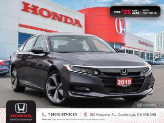 <p><strong>HONDA CERTIFIED USED VEHICLE! LOW MILEAGE! TEST DRIVE TODAY!</strong> 2019 Honda Accord Touring featuring CVT transmission, five passenger seating, power sunroof, proximity key entry, push button start, wireless charging, Apple CarPlay and Android Auto connectivity, Sirius XM satellite radio equipped, GPS Navigation, Wireless charging, Siri® Eyes Free compatibility, Honda LaneWatch blind spot display, Bluetooth, AM/FM audio system with two USB inputs, steering wheel mounted controls, cruise control, air conditioning, dual climate zones, heated front seats, rearview camera with dynamic guidelines, 12V power outlet, power mirrors, power locks, power windows, LED fog lights, LED headlights high and low beam, The Honda Sensing Technologies - Adaptive Cruise Control, Forward Collision Warning system, Collision Mitigation Braking system, Lane Departure Warning system, Lane Keeping Assist system and Road Departure Mitigation system, Blind Spot Information (BSI) system, Brake Assist, remote keyless entry, rear wing spoiler, auto on/off headlights, electronic stability control and anti-lock braking system. Contact Cambridge Centre Honda for special discounted finance rates, as low as 8.99%, on approved credit from Honda Financial Services.</p>

<p><span style=color:#ff0000><strong>FREE $25 GAS CARD WITH TEST DRIVE!</strong></span></p>

<p>Our philosophy is simple. We believe that buying and owning a car should be easy, enjoyable and transparent. Welcome to the Cambridge Centre Honda Family! Cambridge Centre Honda proudly serves customers from Cambridge, Kitchener, Waterloo, Brantford, Hamilton, Waterford, Brant, Woodstock, Paris, Branchton, Preston, Hespeler, Galt, Puslinch, Morriston, Roseville, Plattsville, New Hamburg, Baden, Tavistock, Stratford, Wellesley, St. Clements, St. Jacobs, Elmira, Breslau, Guelph, Fergus, Elora, Rockwood, Halton Hills, Georgetown, Milton and all across Ontario!</p>