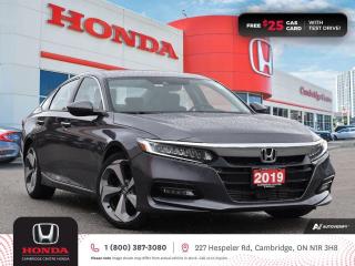 <p><strong>HONDA CERTIFIED USED VEHICLE! LOW MILEAGE! TEST DRIVE TODAY!</strong> 2019 Honda Accord Touring featuring CVT transmission, five passenger seating, power sunroof, proximity key entry, push button start, wireless charging, Apple CarPlay and Android Auto connectivity, Sirius XM satellite radio equipped, GPS Navigation, Wireless charging, Siri® Eyes Free compatibility, Honda LaneWatch blind spot display, Bluetooth, AM/FM audio system with two USB inputs, steering wheel mounted controls, cruise control, air conditioning, dual climate zones, heated front seats, rearview camera with dynamic guidelines, 12V power outlet, power mirrors, power locks, power windows, LED fog lights, LED headlights high and low beam, The Honda Sensing Technologies - Adaptive Cruise Control, Forward Collision Warning system, Collision Mitigation Braking system, Lane Departure Warning system, Lane Keeping Assist system and Road Departure Mitigation system, Blind Spot Information (BSI) system, Brake Assist, remote keyless entry, rear wing spoiler, auto on/off headlights, electronic stability control and anti-lock braking system. Contact Cambridge Centre Honda for special discounted finance rates, as low as 8.99%, on approved credit from Honda Financial Services.</p>

<p><span style=color:#ff0000><strong>FREE $25 GAS CARD WITH TEST DRIVE!</strong></span></p>

<p>Our philosophy is simple. We believe that buying and owning a car should be easy, enjoyable and transparent. Welcome to the Cambridge Centre Honda Family! Cambridge Centre Honda proudly serves customers from Cambridge, Kitchener, Waterloo, Brantford, Hamilton, Waterford, Brant, Woodstock, Paris, Branchton, Preston, Hespeler, Galt, Puslinch, Morriston, Roseville, Plattsville, New Hamburg, Baden, Tavistock, Stratford, Wellesley, St. Clements, St. Jacobs, Elmira, Breslau, Guelph, Fergus, Elora, Rockwood, Halton Hills, Georgetown, Milton and all across Ontario!</p>