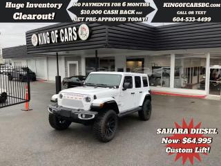 2021 JEEP WRANGLER UNLIMITED 4X4 SAHARA ECODIESEL (Stock # P214799)3.5 JKS LIFT W/FOX SHOCKS -- FOX STEERING STABILIZER -- 20 FUEL WHEELS -- LED LIGHT BARS -- POD LIGHTS -- CUSTOM GRILLNAVIGATION, BACK UP CAMERA, LEATHER SEATS, HEATED SEATS, HEATED STEERING WHEEL, APPLE CARPLAY, ANDROID AUTO, MATCHING TOP, BLIND SPOT DETECTION, PUSH START, KEYLESS GO, REMOTE STARTER, ALPINE SOUND SYSTEM, LED LIGHT PACKAGE, RUNNING BOARDS, PARKING SENSORSBALANCE OF JEEP FACTORY WARRANTYCALL US TODAY FOR MORE INFORMATION604 533 4499 OR TEXT US AT 604 360 0123GO TO KINGOFCARSBC.COM AND APPLY FOR A FREE-------- PRE APPROVAL -------STOCK # P214799PLUS ADMINISTRATION FEE OF $895 AND TAXESDEALER # 31301all finance options are subject to ....oac...