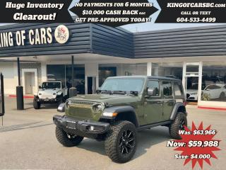 2022 JEEP WRANGLER UNLIMITED WILLYS -- LIFTED (Stock # P214817)THE JEEP WILLYS ALSO GETS YOU A heavy-duty shocks, and rock rails, plus Jeeps Trac-Lok limited-slip rear differentiaL20 WHEELS ON 35 TIRES3.5 READY LIFT W/ FALCON SHOCKS -- FALCON STEERING STABILIZER SHOCK -- LED LIGHT BAR -- POD LIGHTS -- CUSTOM GRILLWhat is special about a Willys Jeep?Whats Different on the 2022 Jeep Wrangler Willys Edition?Perhaps the most noticeable thing about the Willys edition is its overall style. It harkens us back to the utilitarian Jeep of vintage eras, but the machine itself is modern, rugged and strong with a performance that will blow any driver away. It handles all terrains extremely well.NAVIGATION, BACK UP CAMERA, LED LIGHT PACKAGE, HEATED SEATS, HEATED STEERING WHEEL, APPLE CARPLAY, ANDROID AUTO, ALPINE SOUND SYSTEM, PUSH START, REMOTE STARTER, KEYLESS GOBALANCE OF JEEP FACTORY WARRANTYCALL US TODAY FOR MORE INFORMATION604 533 4499 OR TEXT US AT 604 360 0123GO TO KINGOFCARSBC.COM AND APPLY FOR A FREE-------- PRE APPROVAL -------STOCK # P214817PLUS ADMINISTRATION FEE OF $895 AND TAXESDEALER # 31301all finance options are subject to ....oac...