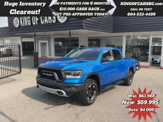 2022 RAM 1500 REBEL 4X4 HEMI CREW CAB (Stock # P214818)NAVIGATION, BACK UP CAMERA, RED/BLACK LEATHER SEATS, HEATED SEATS, HEATED STEERING WHEEL, POWER SEATS, ALPINE SOUND SYSTEM, FRONT & REAR PARKING SENSORS, REAR PARKSENSE BRAKE ASSIST, APPLE CARPLAY, ANDROID AUTO, REMOTE STARTER, KEYLESS GO, PUSH BUTTON START, POWER FOLDING MIRRORS, POWER ADJUSTABLE FOOT PEDALS, AXLE LOCK, RUNNING BOARDS, RAM BINBALANCE OF RAM FACTORY WARRANTYCALL US TODAY FOR MORE INFORMATION604 533 4499 OR TEXT US AT 604 360 0123GO TO KINGOFCARSBC.COM AND APPLY FOR A FREE-------- PRE APPROVAL -------STOCK # P214818PLUS ADMINISTRATION FEE OF $895 AND TAXESDEALER # 31301all finance options are subject to ....oac...