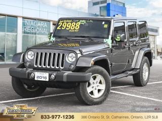 <b>Premium Audio System,  A/C,  Remote Keyless Entry,  Cruise Control!</b>

 

    Jeep Wrangler - 4X4 of the Decade. -Four Wheeler Magazine This  2016 Jeep Wrangler Unlimited is for sale today in St Catharines. 

 

The 2016 Jeep Wrangler Unlimited is the ultimate expression of our legacy of performance. With well-thought-out designs inside and out, the Wrangler Unlimited doesnt just look good, it is fully capable and ready to be made your own. The king of off-road vehicles offers an impressive list of standard features. The Unlimiteds exterior proudly wears its legendary heritage right down to the classic details. It even has four doors so its easy to bring family and friends along for the adventure.This  SUV has 147,848 kms. Its  grey in colour  . It has a 6 speed manual transmission and is powered by a  285HP 3.6L V6 Cylinder Engine.  

 

 Our Wrangler Unlimiteds trim level is Sahara. The 2016 Jeep Wrangler Unlimited Sahara features a heavy-duty suspension and shock absorbers, aluminum wheels, remote power doors, side steps, an Infinity 7 speaker audio system and an auxiliary input jack, air conditioning, auto-dimming rearview mirror, a leather steering wheel and tinted rear windows. This vehicle has been upgraded with the following features: Premium Audio System,  A/c,  Remote Keyless Entry,  Cruise Control. 

 To view the original window sticker for this vehicle view this <a href=http://www.chrysler.com/hostd/windowsticker/getWindowStickerPdf.do?vin=1C4BJWEG1GL243226 target=_blank>http://www.chrysler.com/hostd/windowsticker/getWindowStickerPdf.do?vin=1C4BJWEG1GL243226</a>. 



 



 Buy this vehicle now for the lowest bi-weekly payment of <b>$244.56</b> with $0 down for 60 months @ 9.99% APR O.A.C. ( Plus applicable taxes -  Plus applicable fees   ).  See dealer for details. 

 



 Come by and check out our fleet of 50+ used cars and trucks and 160+ new cars and trucks for sale in St Catharines.  o~o