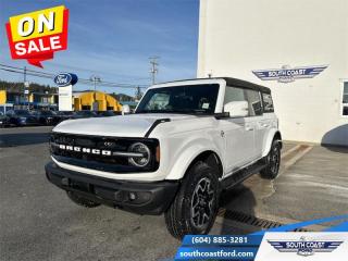 <b>Leather Seats, 360-Degree Camera, Navigation, 18 inch Machined Aluminum Wheels, 12 inch LCD  Touchscreen!</b><br> <br>   Carrying on the legendary legacy, this 2023 Ford Bronco defies all odds to take you on the best of adventures off-road. <br> <br>With a nostalgia-inducing design along with remarkable on-road driving manners with supreme off-road capability, this 2023 Ford Bronco is indeed a jack of all trades, and masters every one of them. Durable build materials and functional engineering coupled with modern day infotainment and driver assistive features ensure that this iconic vehicle takes on whatever you can throw at it. Want an SUV that can genuinely do it all and look good while at it? Look no further than this 2023 Ford Bronco!<br> <br> This oxford white SUV  has a 10 speed automatic transmission and is powered by a  315HP 2.7L V6 Cylinder Engine.<br> <br> Our Broncos trim level is Outer Banks. This Bronco Outer Banks takes things to a whole new level, with polished aluminum wheels, body colored fender flares, door handles and power heated side mirrors, along with LED headlights with high beam assist, front fog lights, and upgraded LED brake lights. This rugged off-roader also treats you with amazing comfort and connectivity features that include heated front seats, remote engine start, dual-zone climate control, front and rear cupholders, and an upgraded infotainment system with Apple CarPlay, Android Auto, SiriusXM and inbuilt navigation, to get you back home from your off-road adventures. Road safety is assured thanks to a suite of systems including blind spot detection, pre-collision assist with pedestrian detection and cross-traffic alert, lane keeping assist with lane departure warning, rear parking sensors, and driver monitoring alert. Additional features include proximity keyless entry with push button start, trail control, trail turn assist, and so much more. This vehicle has been upgraded with the following features: Leather Seats, 360-degree Camera, Navigation, 18 Inch Machined Aluminum Wheels, 12 Inch Lcd  Touchscreen. <br><br> View the original window sticker for this vehicle with this url <b><a href=http://www.windowsticker.forddirect.com/windowsticker.pdf?vin=1FMEE5DP7PLC03001 target=_blank>http://www.windowsticker.forddirect.com/windowsticker.pdf?vin=1FMEE5DP7PLC03001</a></b>.<br> <br>To apply right now for financing use this link : <a href=https://www.southcoastford.com/financing/ target=_blank>https://www.southcoastford.com/financing/</a><br><br> <br/> Weve discounted this vehicle $1880. Total  cash rebate of $4500 is reflected in the price. Credit includes $1,500 Delivery Allowance and $3,000 Non-Stackable Cash Purchase Assistance. Credit is available in lieu of subvented financing rates.  Incentives expire 2024-04-30.  See dealer for details. <br> <br> <br>LEASING:<br><br>Estimated Lease Payment: $382 bi-weekly <br>Payment based on 4.99% lease financing for 48 months with $0 down payment on approved credit. Total obligation $39,828. Mileage allowance of 16,000 KM/year. Offer expires 2024-04-30.<br><br><br>Call South Coast Ford Sales or come visit us in person. Were convenient to Sechelt, BC and located at 5606 Wharf Avenue. and look forward to helping you with your automotive needs. <br><br> Come by and check out our fleet of 20+ used cars and trucks and 100+ new cars and trucks for sale in Sechelt.  o~o