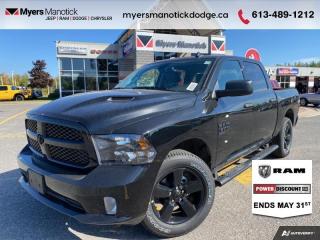 <b>Apple CarPlay,  Android Auto,  4G Wi-Fi,  SiriusXM,  Aluminum Wheels!</b><br> <br> <br> <br>Call 613-489-1212 to speak to our friendly sales staff today, or come by the dealership!<br> <br>  This 2023 Ram 1500 Classic is the truck to have, thanks to its incredible powertrain and a well-appointed interior. <br> <br>The reasons why this Ram 1500 Classic stands above its well-respected competition are evident: uncompromising capability, proven commitment to safety and security, and state-of-the-art technology. From its muscular exterior to the well-trimmed interior, this 2023 Ram 1500 Classic is more than just a workhorse. Get the job done in comfort and style while getting a great value with this amazing full-size truck. <br> <br> This diamond black crystal pearl Crew Cab 4X4 pickup   has an automatic transmission and is powered by a  305HP 3.6L V6 Cylinder Engine.<br> <br> Our 1500 Classics trim level is Night Edition. This Ram 1500 Express Night Edition adds on an upgraded 8.4-inch infotainment screen with Apple CarPlay, Android Auto and 4G Wi-Fi connectivity, SiriusXM satellite radio and unique exterior badging and styling, along with a great selection of standard features such as class II towing equipment including a hitch, wiring harness and trailer sway control, heavy-duty suspension, cargo box lighting, and a locking tailgate. Additional features include heated and power adjustable side mirrors, cruise control, air conditioning, vinyl floor lining, and a rearview camera. This vehicle has been upgraded with the following features: Apple Carplay,  Android Auto,  4g Wi-fi,  Siriusxm,  Aluminum Wheels,  Heavy Duty Suspension,  Tow Package. <br><br> View the original window sticker for this vehicle with this url <b><a href=http://www.chrysler.com/hostd/windowsticker/getWindowStickerPdf.do?vin=3C6RR7KG8PG657304 target=_blank>http://www.chrysler.com/hostd/windowsticker/getWindowStickerPdf.do?vin=3C6RR7KG8PG657304</a></b>.<br> <br>To apply right now for financing use this link : <a href=https://CreditOnline.dealertrack.ca/Web/Default.aspx?Token=3206df1a-492e-4453-9f18-918b5245c510&Lang=en target=_blank>https://CreditOnline.dealertrack.ca/Web/Default.aspx?Token=3206df1a-492e-4453-9f18-918b5245c510&Lang=en</a><br><br> <br/> Weve discounted this vehicle $2500. Total  cash rebate of $13273 is reflected in the price. Credit includes up to 20% MSRP.  6.49% financing for 96 months. <br> Buy this vehicle now for the lowest weekly payment of <b>$163.38</b> with $0 down for 96 months @ 6.49% APR O.A.C. ( Plus applicable taxes -  $1199  fees included in price    ).  Incentives expire 2024-07-02.  See dealer for details. <br> <br>If youre looking for a Dodge, Ram, Jeep, and Chrysler dealership in Ottawa that always goes above and beyond for you, visit Myers Manotick Dodge today! Were more than just great cars. We provide the kind of world-class Dodge service experience near Kanata that will make you a Myers customer for life. And with fabulous perks like extended service hours, our 30-day tire price guarantee, the Myers No Charge Engine/Transmission for Life program, and complimentary shuttle service, its no wonder were a top choice for drivers everywhere. Get more with Myers!<br> Come by and check out our fleet of 40+ used cars and trucks and 100+ new cars and trucks for sale in Manotick.  o~o