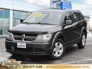 <b>Aluminum Wheels,  Steering Wheel Audio Control,  Remote Keyless Entry,  Power Windows,  Power Locks!</b>

 

    With flexible versatility, advanced technology, and a stylish aesthetic, this Dodge Journey is one of the most attractive crossovers on the market. This  2018 Dodge Journey is for sale today in St Catharines. 

 

Theres no better crossover to take you on an adventure than this Dodge Journey. Its the ultimate combination of form and function, a rare blend of versatility, performance, and comfort. With loads of technology, theres entertainment for everyone. Its time to go - your Journey awaits. This  SUV has 120,549 kms. Its  grey in colour  . It has an automatic transmission and is powered by a  173HP 2.4L 4 Cylinder Engine.  

 

 Our Journeys trim level is Canada Value Pkg. The Canada Value Package trim makes this crossover an outstanding value. It comes standard with aluminum wheels, remote keyless entry, dual-zone climate control with air conditioning, an electronic vehicle information center, a 4.3-inch touchscreen radio with six-speaker audio, an aux jack, a remote USB port, power windows, power locks, steering wheel-mounted audio and cruise control, and more. This vehicle has been upgraded with the following features: Aluminum Wheels,  Steering Wheel Audio Control,  Remote Keyless Entry,  Power Windows,  Power Locks,  Cruise Control. 

 To view the original window sticker for this vehicle view this <a href=http://www.chrysler.com/hostd/windowsticker/getWindowStickerPdf.do?vin=3C4PDCAB5JT157340 target=_blank>http://www.chrysler.com/hostd/windowsticker/getWindowStickerPdf.do?vin=3C4PDCAB5JT157340</a>. 



 



 Buy this vehicle now for the lowest bi-weekly payment of <b>$136.44</b> with $0 down for 72 months @ 9.99% APR O.A.C. ( Plus applicable taxes -  Plus applicable fees   ).  See dealer for details. 

 



 Come by and check out our fleet of 50+ used cars and trucks and 140+ new cars and trucks for sale in St Catharines.  o~o