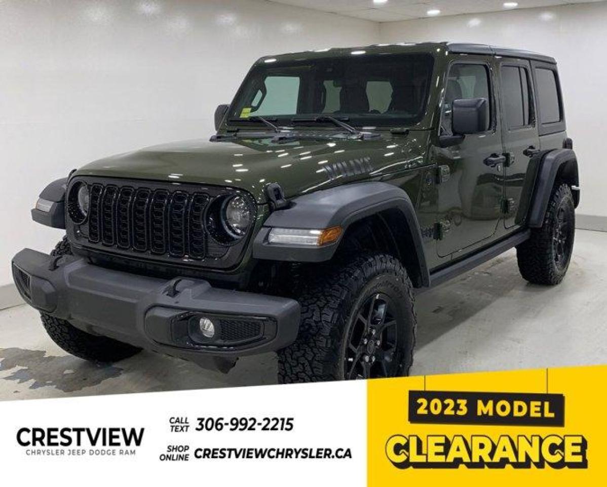 WRANGLER 4-DOOR SPORT Check out this vehicles pictures, features, options and specs, and let us know if you have any questions. Helping find the perfect vehicle FOR YOU is our only priority.P.S...Sometimes texting is easier. Text (or call) 306-994-7040 for fast answers at your fingertips!This Jeep Wrangler boasts a Intercooled Turbo Premium Unleaded I-4 2.0 L/122 engine powering this Automatic transmission. WILLYS SUSPENSION, WHEELS: 17 X 7.5 PAINTED BLACK, TRANSMISSION: 8-SPEED TORQUEFLITE AUTO.* This Jeep Wrangler Features the Following Options *QUICK ORDER PACKAGE 22W WILLYS , TIRES: LT285/70R17C BSW ON-/OFF-ROAD, TECHNOLOGY GROUP, SARGE GREEN, MOPAR PLASTIC DOOR SILL GUARDS, MOPAR CARGO TUB LINER, GVWR: 2,574 KGS (5,675 LBS), ENGINE: 2.0L DOHC I-4 DI TURBO W/ESS, CONVENIENCE GROUP, BLACK, CLOTH LOW-BACK BUCKET SEATS.* Stop By Today *Test drive this must-see, must-drive, must-own beauty today at Crestview Chrysler (Capital), 601 Albert St, Regina, SK S4R2P4.