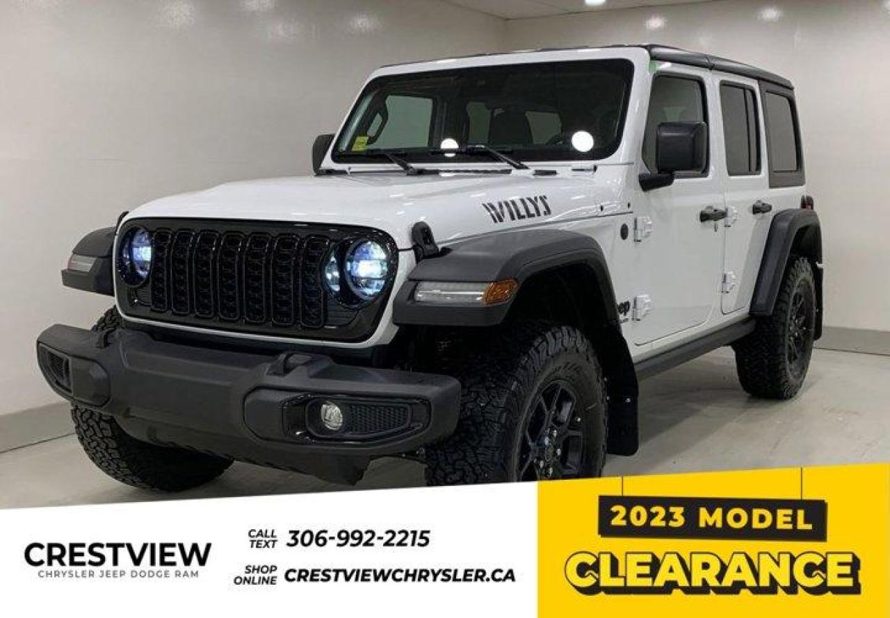 WRANGLER 4-DOOR SPORT Check out this vehicles pictures, features, options and specs, and let us know if you have any questions. Helping find the perfect vehicle FOR YOU is our only priority.P.S...Sometimes texting is easier. Text (or call) 306-994-7040 for fast answers at your fingertips!This Jeep Wrangler boasts a Intercooled Turbo Premium Unleaded I-4 2.0 L/122 engine powering this Automatic transmission. WILLYS SUSPENSION, WHEELS: 17 X 7.5 PAINTED BLACK, TRANSMISSION: 8-SPEED TORQUEFLITE AUTO.* This Jeep Wrangler Features the Following Options *QUICK ORDER PACKAGE 22W WILLYS , TIRES: LT285/70R17C BSW ON-/OFF-ROAD, TECHNOLOGY GROUP, MOPAR PLASTIC DOOR SILL GUARDS, MOPAR CARGO TUB LINER, GVWR: 2,574 KGS (5,675 LBS), ENGINE: 2.0L DOHC I-4 DI TURBO W/ESS, CONVENIENCE GROUP, BRIGHT WHITE, BLACK, CLOTH LOW-BACK BUCKET SEATS.* Visit Us Today *Youve earned this- stop by Crestview Chrysler (Capital) located at 601 Albert St, Regina, SK S4R2P4 to make this car yours today!