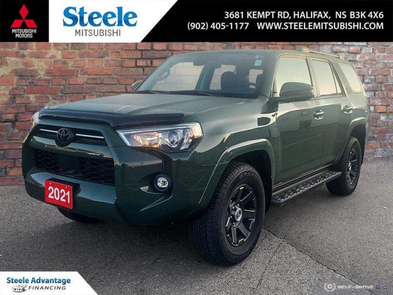 Meet the 2021 Toyota 4Runner, the eco-friendly adventure beast! With its sleek, shimmering green exterior, this SUV is the envy of the road. Climb inside, and youll find a lush, spacious cabin, perfect for all your road trip antics!Ready for action, its got the power to tackle any terrain, whether youre conquering mountains or cruising through the concrete jungle . The high-tech infotainment system ensures your entertainment is as wild as your destinations. Buckle up, and lets hit the road, because this 4Runner is a green dream come true!2021 Toyota 4Runner Base POWER SEAT | ROOF BASKET 4WD, Black Artificial Leather, 4-Wheel Disc Brakes, 8 Airbags, Air Conditioning, Alloy wheels, Auto High-beam Headlights, Automatic temperature control, Dual front impact airbags, Electronic Stability Control, Heated door mirrors, Heated Exterior Mirrors, Heated front seats, Leather steering wheel, LED Fog Lamps w/Black Chrome Bezel, Occupant sensing airbag, Overhead airbag, Overhead console, Power driver seat, Power moonroof, Power steering, Rear anti-roll bar, Remote Keyless Entry, Remote keyless entry, SofTex Seats, Split folding rear seat, Telescoping steering wheel, Tilt steering wheel.Odometer is 36540 kilometers below market average!Green 2021 Toyota 4Runner POWER SEAT | ROOF BASKET 4WD 5-Speed Automatic 4.0L V6 DOHCSteele Mitsubishi has the largest and most diverse selection of preowned vehicles in HRM. Buy with confidence, knowing we use fair market pricing guaranteeing the absolute best value in all of our pre owned inventory!Steele Auto Group is one of the most diversified group of automobile dealerships in Canada, with 60 dealerships selling 29 brands and an employee base of well over 2300. Sales are up over last year and our plan going forward is to expand further into Atlantic Canada and the United States furthering our commitment to our Canadian customers as well as welcoming our new customers in the USA.