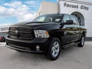 <b>Aluminum Wheels,  Heavy Duty Suspension,  Tow Package,  Power Mirrors,  Rear Camera!</b><br> <br>   This Ram 1500 Classic is a top contender in the full-size pickup segment thanks to a winning combination of a strong powertrain, a smooth ride and a well-trimmed cabin. <br> <br>The reasons why this Ram 1500 Classic stands above its well-respected competition are evident: uncompromising capability, proven commitment to safety and security, and state-of-the-art technology. From its muscular exterior to the well-trimmed interior, this 2023 Ram 1500 Classic is more than just a workhorse. Get the job done in comfort and style while getting a great value with this amazing full-size truck. <br> <br> This black crystal Crew Cab 4X4 pickup   has an automatic transmission and is powered by a  3.6L V6 24V MPFI DOHC engine.<br> <br> Our 1500 Classics trim level is Express. This Ram 1500 Express features upgraded aluminum wheels, front fog lamps and USB connectivity, along with a great selection of standard features such as class II towing equipment including a hitch, wiring harness and trailer sway control, heavy-duty suspension, cargo box lighting, and a locking tailgate. Additional features include heated and power adjustable side mirrors, UCconnect 3, cruise control, air conditioning, vinyl floor lining, and a rearview camera. This vehicle has been upgraded with the following features: Aluminum Wheels,  Heavy Duty Suspension,  Tow Package,  Power Mirrors,  Rear Camera. <br><br> View the original window sticker for this vehicle with this url <b><a href=http://www.chrysler.com/hostd/windowsticker/getWindowStickerPdf.do?vin=3C6RR7KG0PG657555 target=_blank>http://www.chrysler.com/hostd/windowsticker/getWindowStickerPdf.do?vin=3C6RR7KG0PG657555</a></b>.<br> <br>To apply right now for financing use this link : <a href=https://www.forestcitydodge.ca/finance-center/ target=_blank>https://www.forestcitydodge.ca/finance-center/</a><br><br> <br/> Weve discounted this vehicle $970. 6.99% financing for 96 months.  Incentives expire 2023-10-02.  See dealer for details. <br> <br><br> Forest City Dodge proudly serves clients in London ON, St. Thomas ON, Woodstock ON, Tilsonburg ON, Strathroy ON, and the surrounding areas. Formerly known as Southwest Chrysler, Forest City Dodge has become a local automotive leader that takes pride in providing a transparent car buying experience and exceptional customer service throughout the dealership. </br>

<br> If you are looking to finance a vehicle, our finance department are seasoned professionals in ensuring that you get financing options that fits your budget and lifestyle. Regardless of your credit situation, our finance team will work hard to get you approved for a vehicle youre comfortable with in no time. We also offer a dedicated service department thats always ready to attend your needs. Our factory trained technicians will help keep your vehicle in the best shape possible so that your vehicle gets the most out of its lifespan. </br>

<br> We have a strong and committed team with many years of experience satisfying our customers needs. Feel free to browse our inventory online, request more information about our vehicles, or inquire about financing. Visit us today at or contact us now with any questions or concerns! </br>
<br> Come by and check out our fleet of 80+ used cars and trucks and 200+ new cars and trucks for sale in London.  o~o