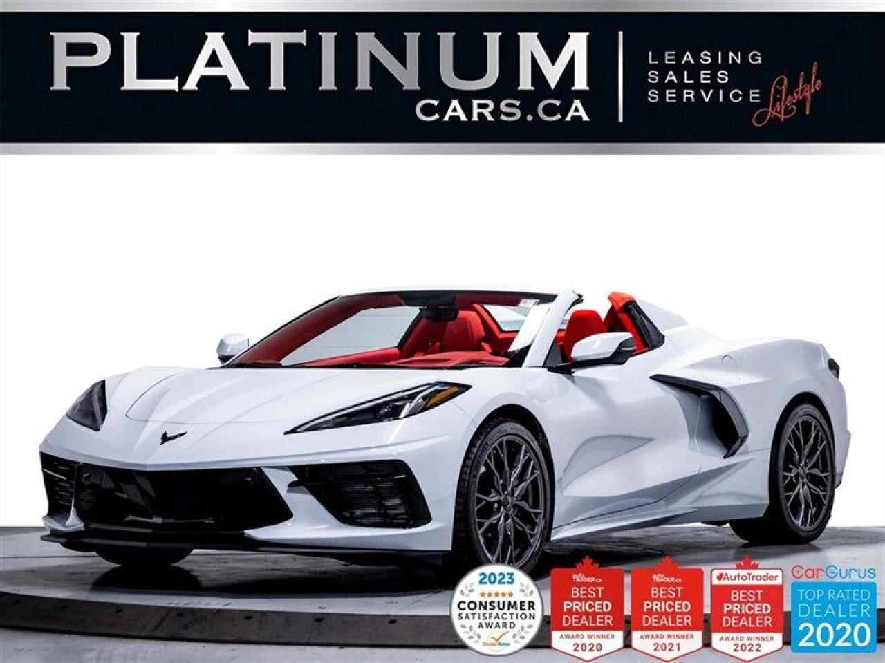 2023 CHEVROLET CORVETTE STINGRAY CONVERTIBLE | 6.2L V8 | 495HP | Z51 PERFORMANCE HANDLING PACKAGE | 3LT| BUCKET SEATS | Z51 PERFORMANCE EXHAUST SYSTEM | Z51 PERFORMANCE SUSPENSION | EXTERIOR TRIM FINISH CARBON FLASH | INTERIOR ADRENALINE RED | Z51 PERFORMANCE BRAKES WITH BREMBO CALIPERS | ELECTRONIC LSD | Z51 REAR SPOILER | FRONT SPLITTER | MICHELIN PILOT SPORT 4S TIRES | HEAVY DUTY COOLING SYSTEM | BOSE PERFORMANCE SERIES SURROUND SOUND SYSTEM | HEAD-UP DISPLAY (HUD) | NAVIGATION | REVERSE CAMERA | HD FRONT CAMERA (CURB VIEW) | NATURAL LEATHER INTERIOR | POWER SEATS | PERFORMANCE DATA RECORDER | CHEVROLET INFOTAINMENT 3 PREMIUM SYSTEM | WIRELESS DEVICE CHARGING | REAR PARK ASSIST | HEATED STEERING WHEEL | CARBON FLASH EXTERIOR BADGE PACKAGE | LED HEADLAMPS | CLEAN CARFAX



 



Powered by the Legendary 6.2L LT2 V8 which makes 495 horsepower and 470 lb-ft of torque (Z51 Performance Package) This Corvette Stingray Coupe is ready to cruise! Stand-out Standard features include wireless Apple CarPlay and Android Auto, LED headlights, Heated Power-Adjustable Mirrors with turn signal indicator, HD Rear Vision camera, Gauge Cluster / 12-inch diagonal colour driver Information Display, System, Theatre dimming lighting, Bucket Seats, Leather-wrapped steering wheel with audio, voice, cruise, phone and gauge controls, Drive Mode selector and so much more! 



 



The 3LT options package adds Custom Leather Wrapped Interior Package, Sueded Microfiber-Wrapped Interior Package, Power Folding exterior mirrors, Rear Cross Traffic Alert, Side Blind Zone Alert, Bose Performance Series 14-speaker Sound System, HD Front Camera (Curb View), Cargo Nets, Chevrolet Infotainment 3 Premium System with Navigation with 8 diagonal HD colour Touchscreen, Head-Up Display (HUD), Memory Driver and Passenger Convenience Package, Performance Data Recorder, Rear Camera Mirror, Heated and Vented seats with power bolster and power lumbar, Heated Steering Wheel, Home Remote, Wireless Charging. 



 



The Z51 performance package is also a must-have as it offers the Corvettes best performance. This package includes Z51 Performance Brembo Brakes, Performance Exhaust (which adds 5 horsepower and 5 lb-ft of torque), Performance rear final drive ratio, Electronic Limited Slip Differential (eLSD), Z51 Front Splitter and Rear Spoiler, Michelin Pilot Sport 4S High-Performance Tires and a Heavy-Duty Cooling System. 



 



WE WELCOME YOUR TRADE at the highest value. SAME DAY, EASY APPROVALS. FINANCING and LEASING options on most vehicles, as well as extended warranties, and aftermarket services. We are connected to all banks and leasing companies - all at the lowest rates and payments. No-HASSLE, No-HAGGLE, just the BEST PRICE UP-FRONT. 



 



Since 2004, Platinum Cars took the concept of Platinum Lifestyle to a whole new level by offering many of the worlds most pristine vehicles, such as Aston Martin, BMW, Bentley, Ferrari, Hummer, Land Rover, Lamborghini, Maserati, Mercedes-Benz, Porsche, Rolls-Royce and much more. Check out our website for our full inventory listing at http://www.platinumcars.ca, or simply stop by and visit our 65,000 sq.ft indoor showroom. Running strong as an independent dealership, we serve guests all across Canada. By understanding the lifestyle of each guest, we provide an immaculate collection of the best luxury and exotic vehicles on the market. We gladly provide the full history report on every vehicle. 



 



As per OMVIC regulations: Vehicle is not drivable, not certified and not e-tested. Certification is available for $899. Each Platinum client is a satisfied guest, GUARANTEED! 



 



Serving ALL OF CANADA AND U.S.A, we will help with the transportation and paperwork. For all Canadian buyers, you will only pay your provincial tax. For all American clients, you will take advantage of the low exchange rate. Give us an opportunity, and youll see why Platinum Cars is THE LARGEST and FASTEST growing Luxur