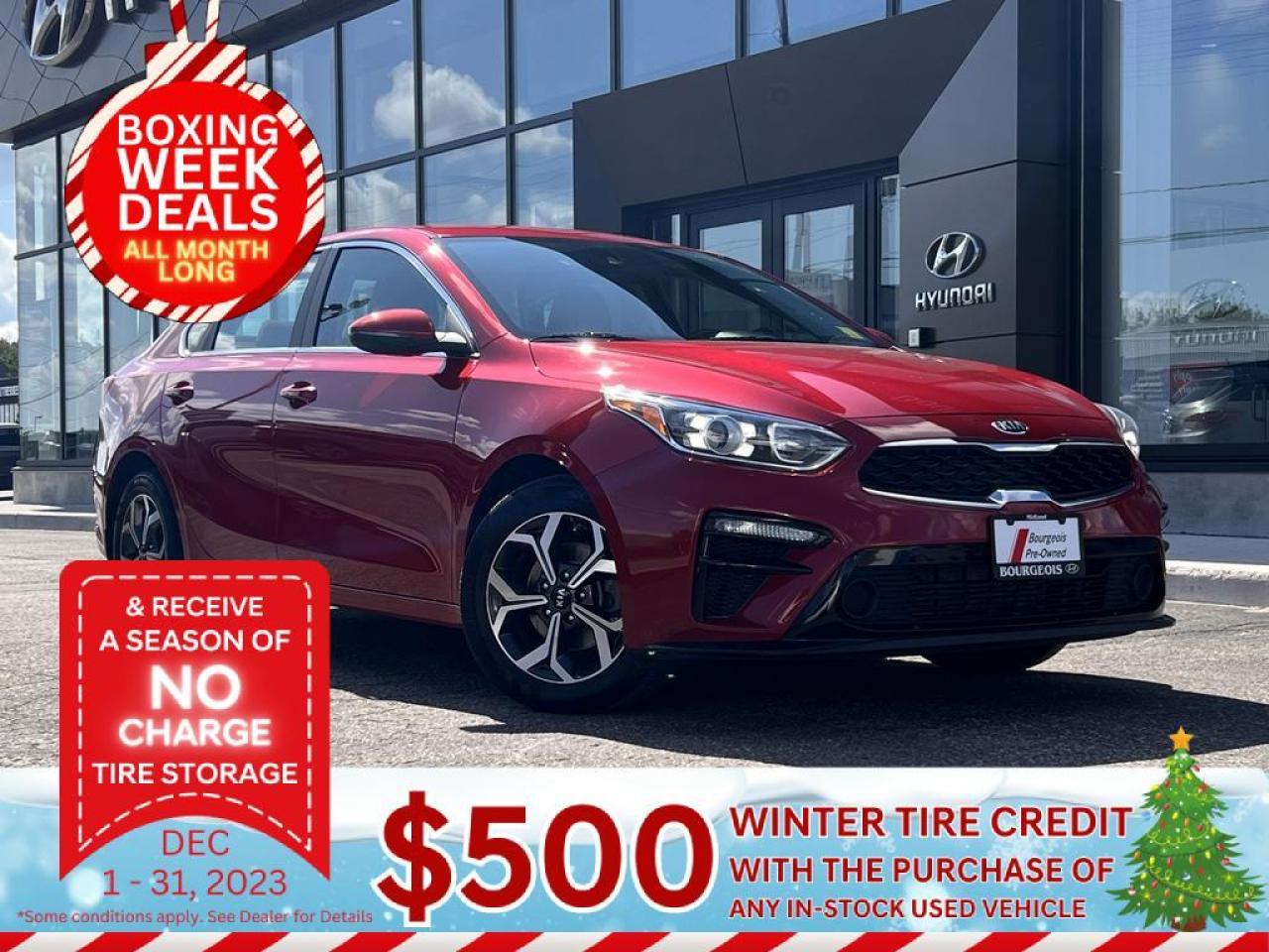 <b>One Owner, Wireless Charging,  Blind Spot Monitoring,  Lane Keep Assist,  Forward Collision Mitigation,  Heated Seats!</b><br> <br> Get a $500 Winter Tire Credit and a season of no charge tire storage all December long at Bourgeois Midland Hyundai when you purchase of finance any in-stock used vehicle! Offer expires December 31st, 2023. See a member of our team for complete details. <br> <br> Compare at $23184 - Our Price is just $22509! <br> <br>   This 2021 Kia Forte balances classic proportions with upmarket detailing, further complemented with admirable on road capabilities and stunning good looks. This  2021 Kia Forte is for sale today in Midland. <br> <br>Very reminiscent of the flagship Stinger, this Kia Forte has the good looks to match its outstanding performance capabilities. With a spacious interior seldom found in a compact sedan, this Forte offers affordable practicality for a vibrant and active family. Further complementing the quality of this vehicle is the excellent fit and finish, both inside and out, allowing for a solid feeling regardless of the road surface or condition.This  sedan has 43,708 kms. Its  currant red in colour  . It has a cvt transmission and is powered by a  147HP 2.0L 4 Cylinder Engine.  This unit has some remaining factory warranty for added peace of mind. <br> <br> Our Fortes trim level is EX. Loaded with excellent features, this Forte EX is equipped with wireless charging, blind spot monitoring with rear cross traffic alert, aluminum wheels, side mirror turn signals, and black chrome exterior styling. Additional features include lane keep assistance, driver attention alerts, forward collision avoidance assistance, heated front seats and steering wheel, a leather wrapped steering wheel and shift knob, plus steering wheel audio controls, remote keyless entry and heated mirrors. Infotainment is provided by an impressive system complete with an 8 inch display, Apple CarPlay, Android Auto, Bluetooth streaming audio and USB inputs. This vehicle has been upgraded with the following features: Wireless Charging,  Blind Spot Monitoring,  Lane Keep Assist,  Forward Collision Mitigation,  Heated Seats,  Heated Steering Wheel,  Apple Carplay. <br> <br>To apply right now for financing use this link : <a href=https://www.bourgeoishyundai.com/finance/ target=_blank>https://www.bourgeoishyundai.com/finance/</a><br><br> <br/><br>BUY WITH CONFIDENCE. Bourgeois Auto Group, we dont just sell cars; for over 75 years, we have delivered extraordinary automotive experiences in every showroom, on the road, and at your home. Offering complimentary delivery in an enclosed trailer. <br><br>Why buy from the Bourgeois Auto Group? Whether you are looking for a great place to buy your next new or used vehicle find a qualified repair center or looking for parts for your vehicle the Bourgeois Auto Group has the answer. We offer both new vehicles and pre-owned vehicles with over 25 brand manufacturers and over 200 Pre-owned Vehicles to choose from. Were constantly changing to meet the needs of our customers and stay ahead of the competition, and we are committed to investing in modern technology to ensure that we are always on the cutting edge. We use very strategic programs and tools that give us current market data to price our vehicles to the market to make sure that our customers are getting the best deal not only on the new car but on your trade-in as well. Ask for your free Live Market analysis report and save time and money. <br><br>WE BUY CARS  Any make model or condition, No purchase necessary. We are OPEN 24 hours a Day/7 Days a week with our online showroom and chat service. Our market value pricing provides the most competitive prices on all our pre-owned vehicles all the time. Market Value Pricing is achieved by polling over 20000 pre-owned websites every day to ensure that every single customer receives real-time Market Value Pricing on every pre-owned vehicle we sell. Customer service is our top priority. No hidden costs or fees, and full disclosure on all services and Carfax®. <br><br>With over 23 brands and over 400 full- and part-time employees, we look forward to serving all your automotive needs! <br> Come by and check out our fleet of 50+ used cars and trucks and 20+ new cars and trucks for sale in Midland.  o~o